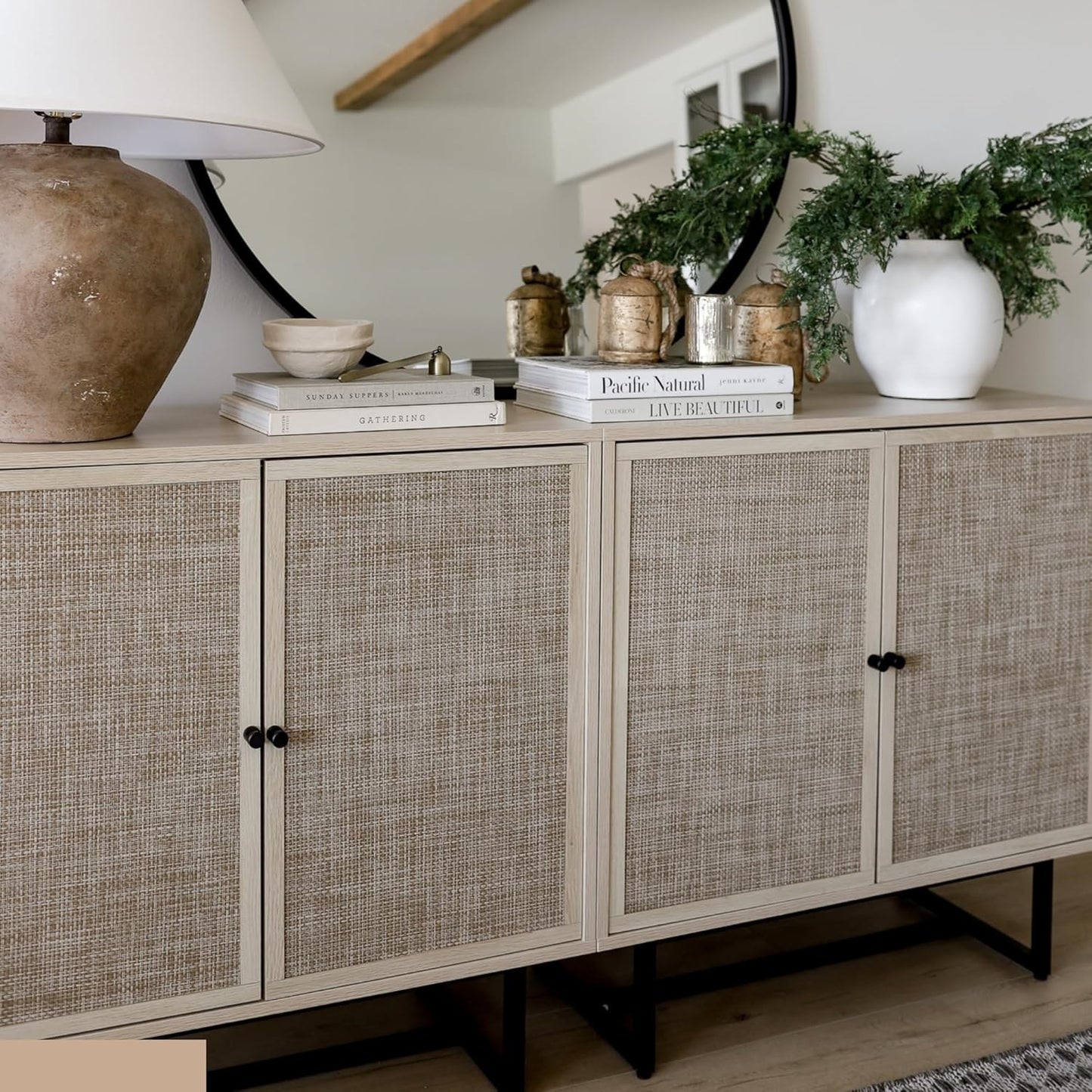 Accent Sideboard Storage Cabinet with Rattan Doors & 2-Tier Organizer Shelf