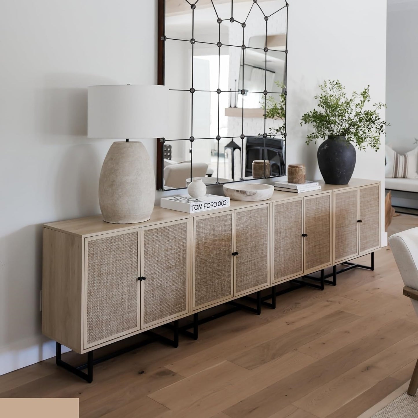 Accent Sideboard Storage Cabinet with Rattan Doors & 2-Tier Organizer Shelf