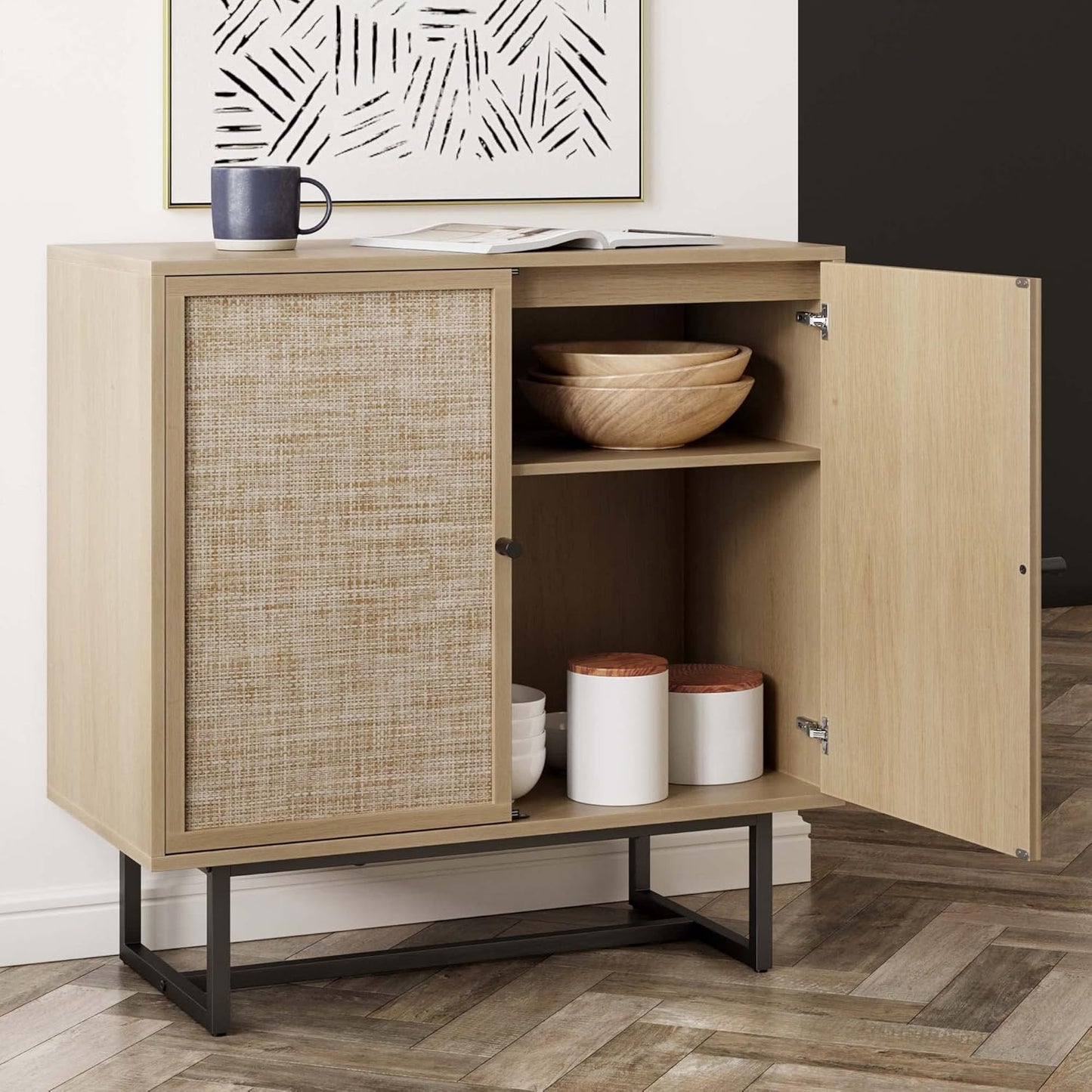 Accent Sideboard Storage Cabinet with Rattan Doors & 2-Tier Organizer Shelf