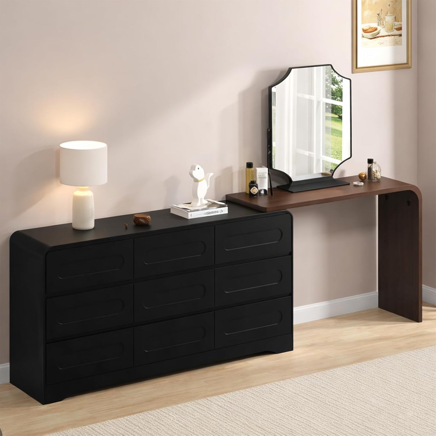 Modern 9 Storage Drawers Dresser with Convertible Vanity Desk