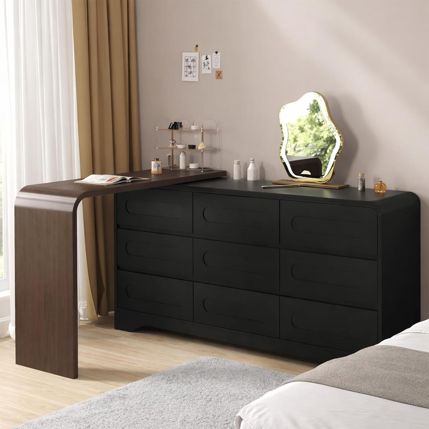 Modern 9 Storage Drawers Dresser with Convertible Vanity Desk