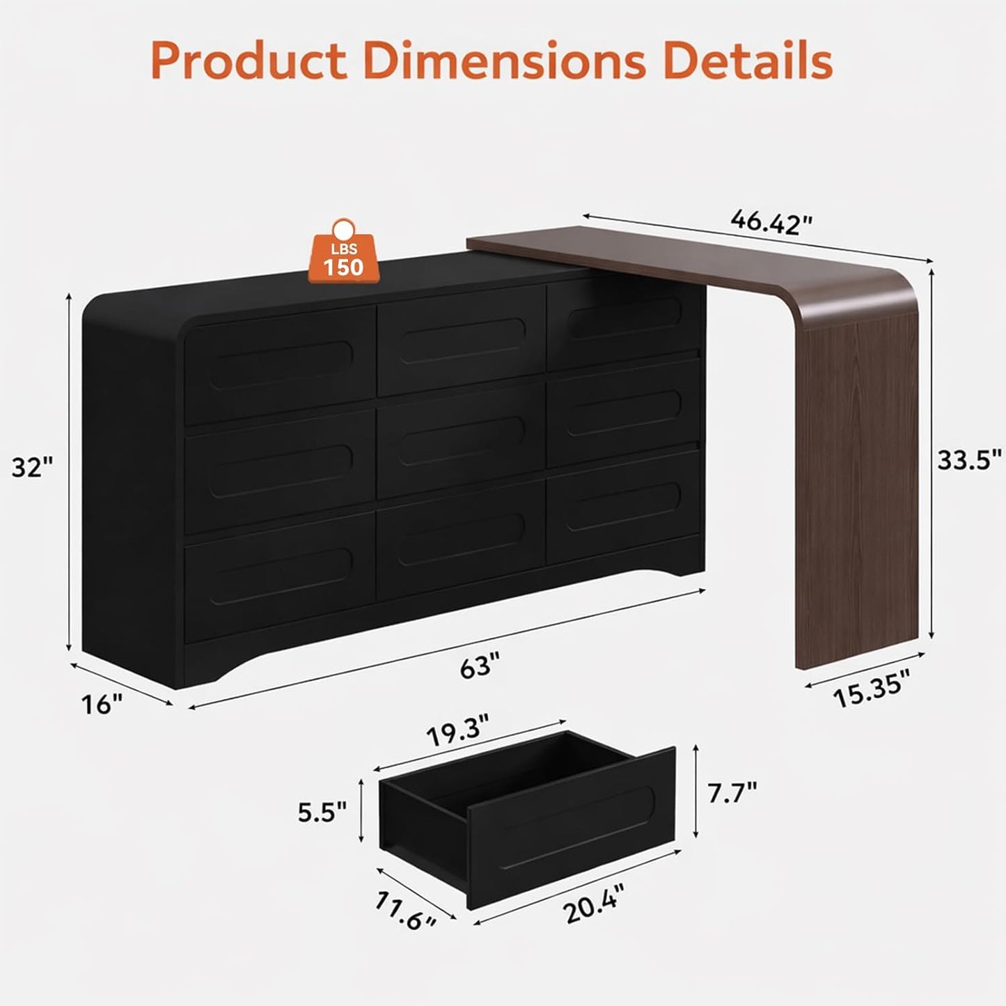 Modern 9 Storage Drawers Dresser with Convertible Vanity Desk