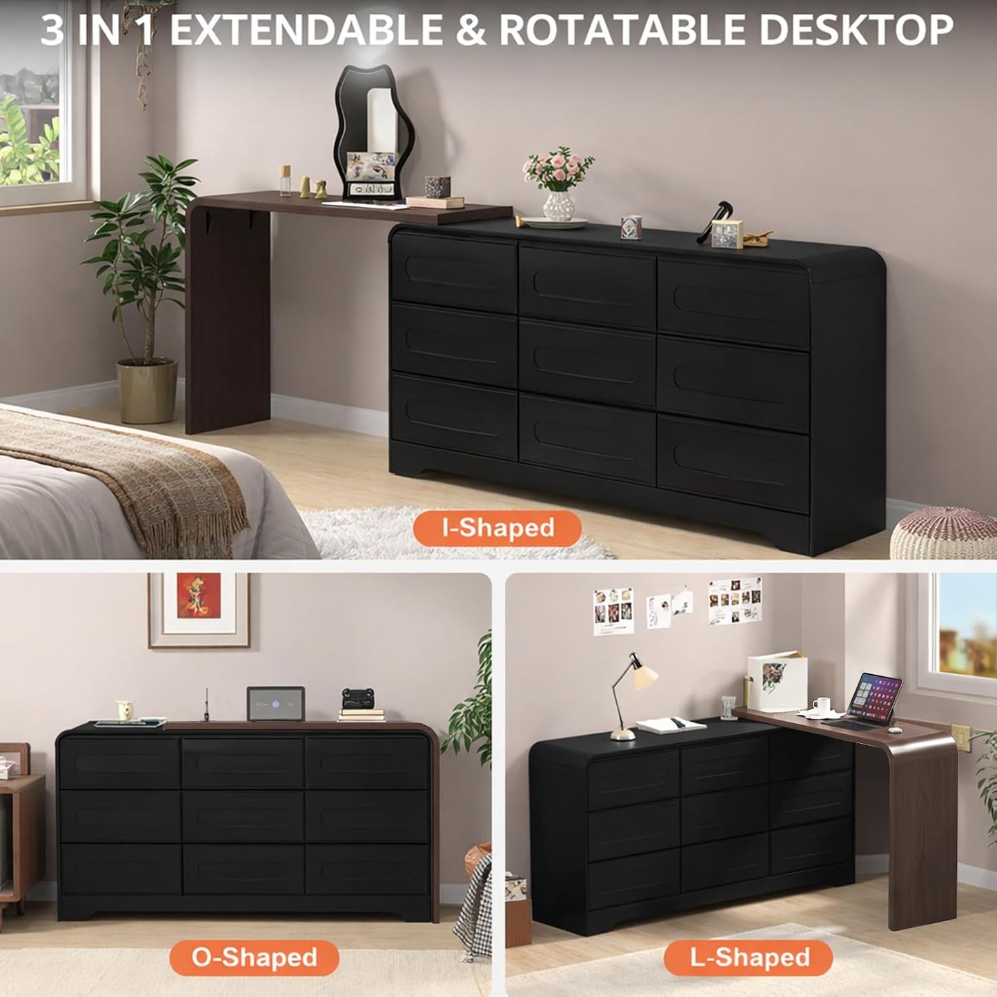 Modern 9 Storage Drawers Dresser with Convertible Vanity Desk
