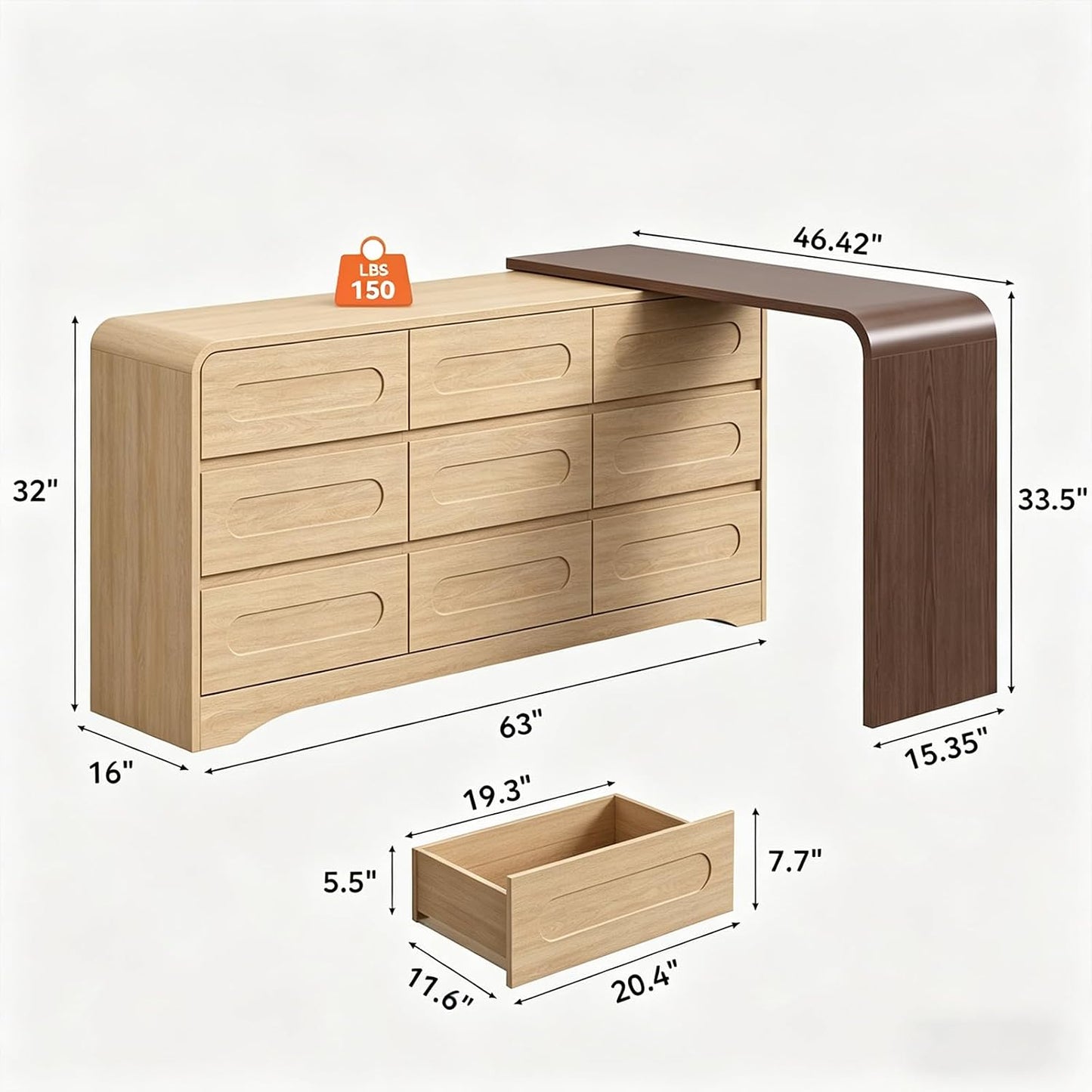 Modern 9 Storage Drawers Dresser with Convertible Vanity Desk