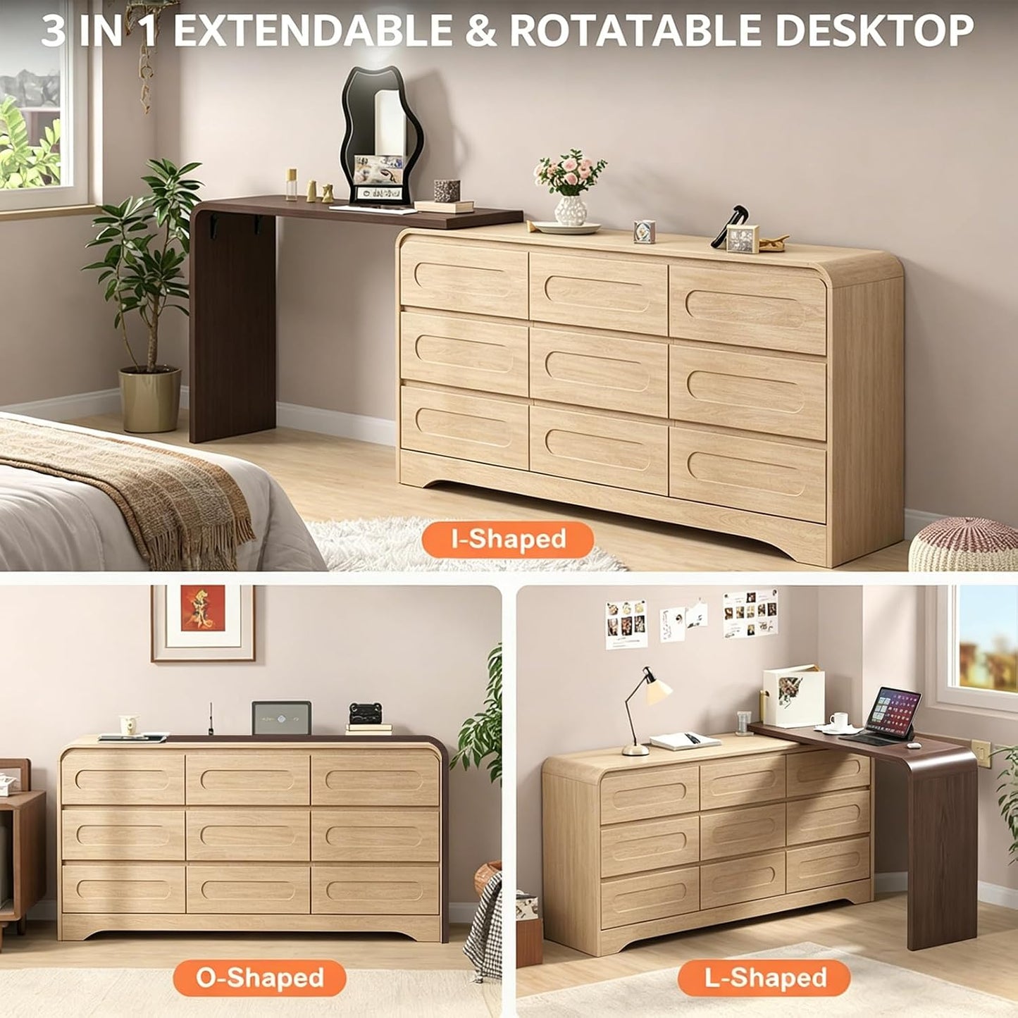 Modern 9 Storage Drawers Dresser with Convertible Vanity Desk