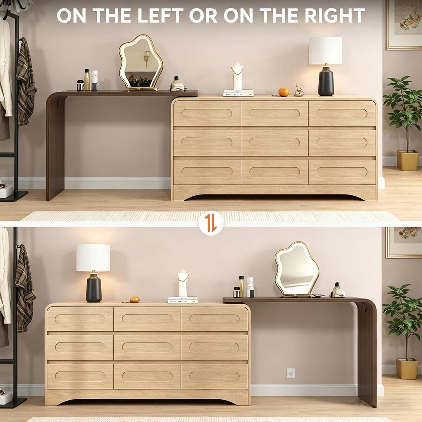Modern 9 Storage Drawers Dresser with Convertible Vanity Desk