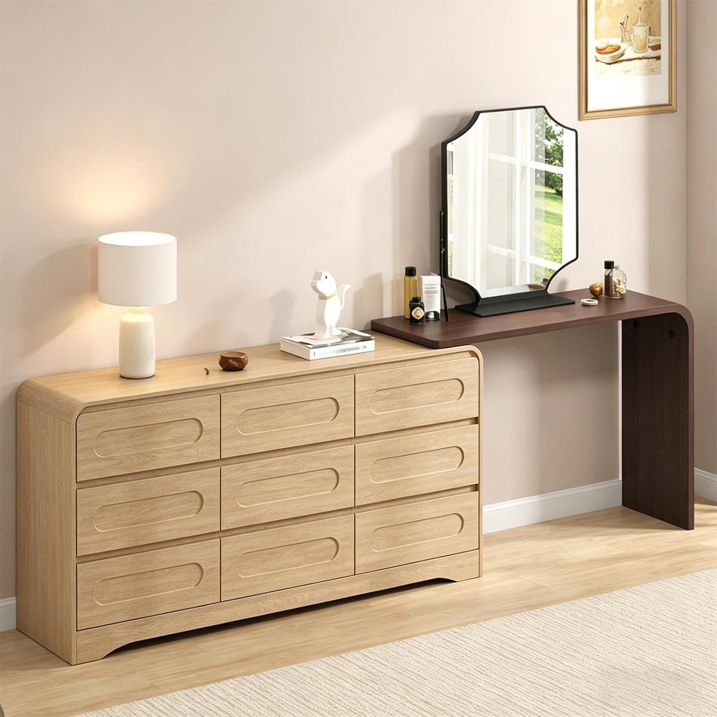 Modern 9 Storage Drawers Dresser with Convertible Vanity Desk
