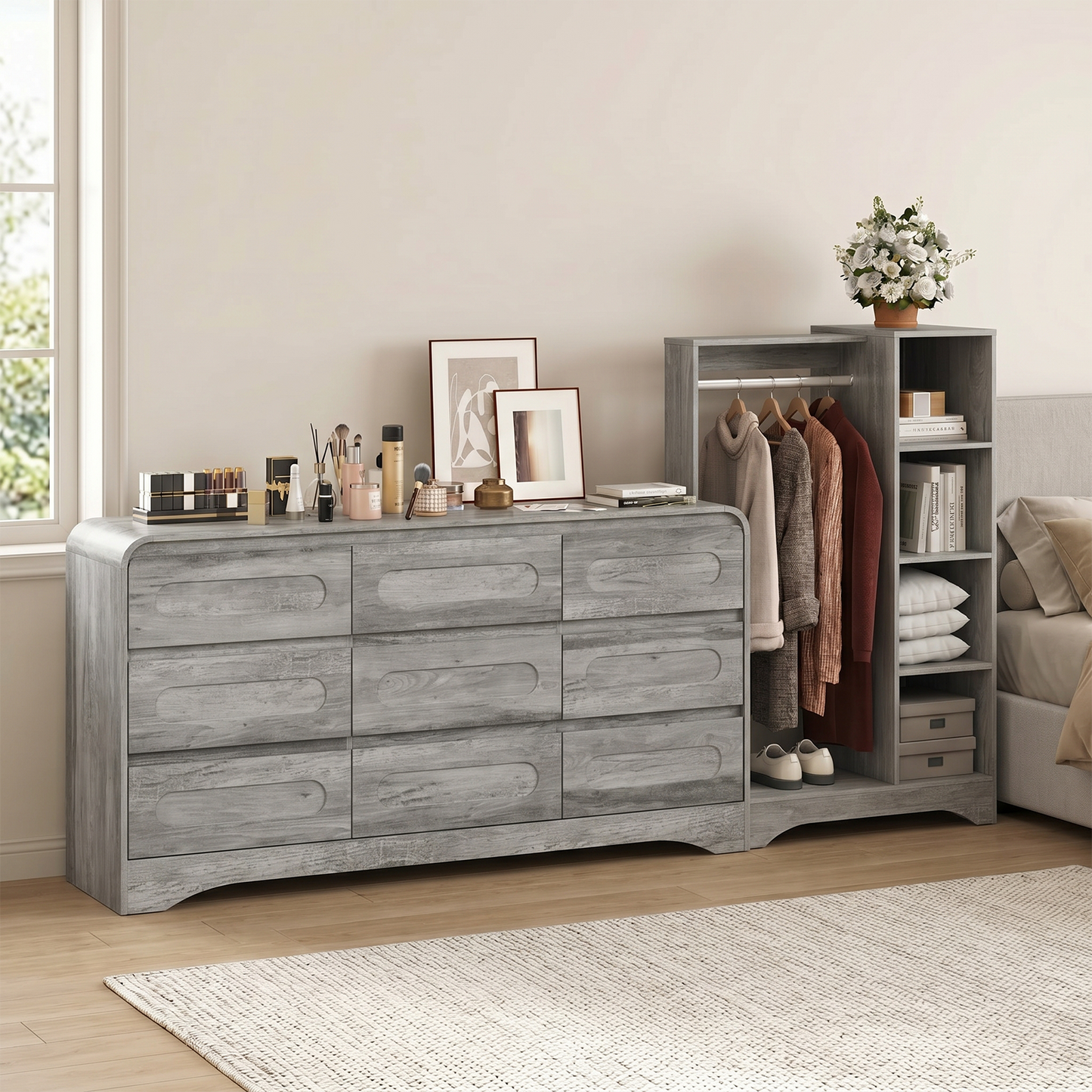 9－Drawers Dresser with Hanging Rack, Modern Wooden Storage Dresser for Bedroom