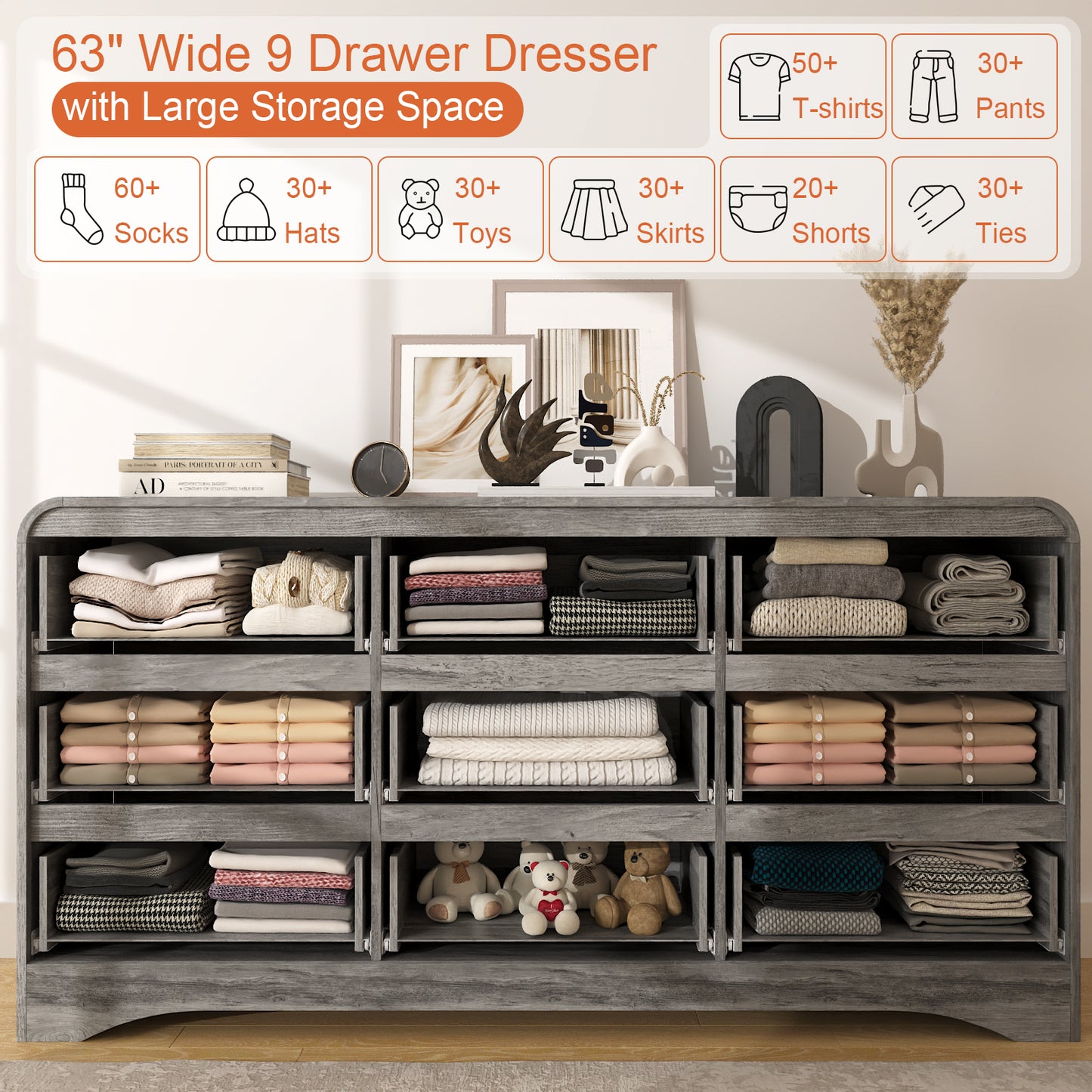9－Drawers Dresser with Hanging Rack, Modern Wooden Storage Dresser for Bedroom