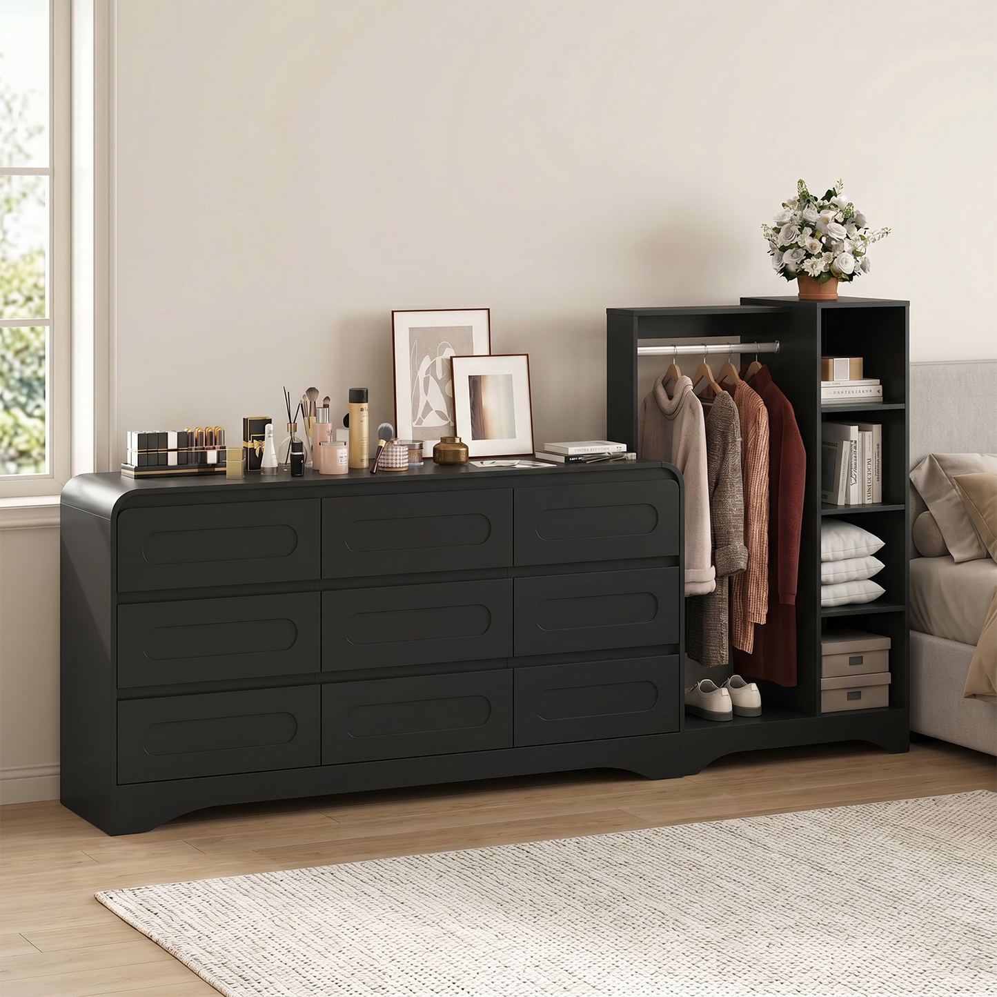 9－Drawers Dresser with Hanging Rack, Modern Wooden Storage Dresser for Bedroom