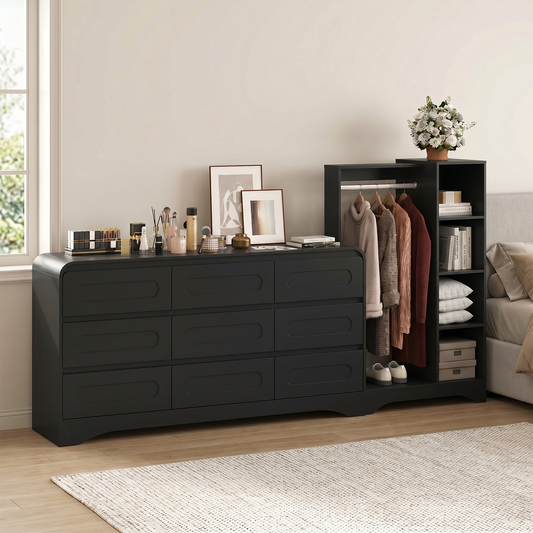 9－Drawers Dresser with Hanging Rack, Modern Wooden Storage Dresser for Bedroom