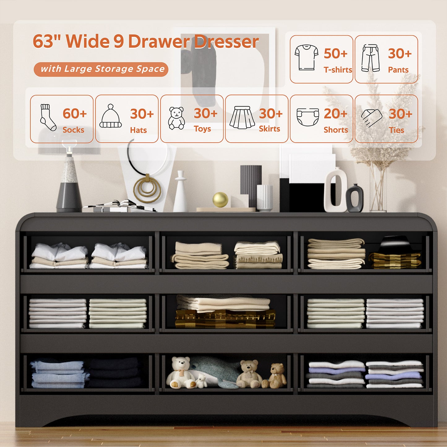 9－Drawers Dresser with Hanging Rack, Modern Wooden Storage Dresser for Bedroom