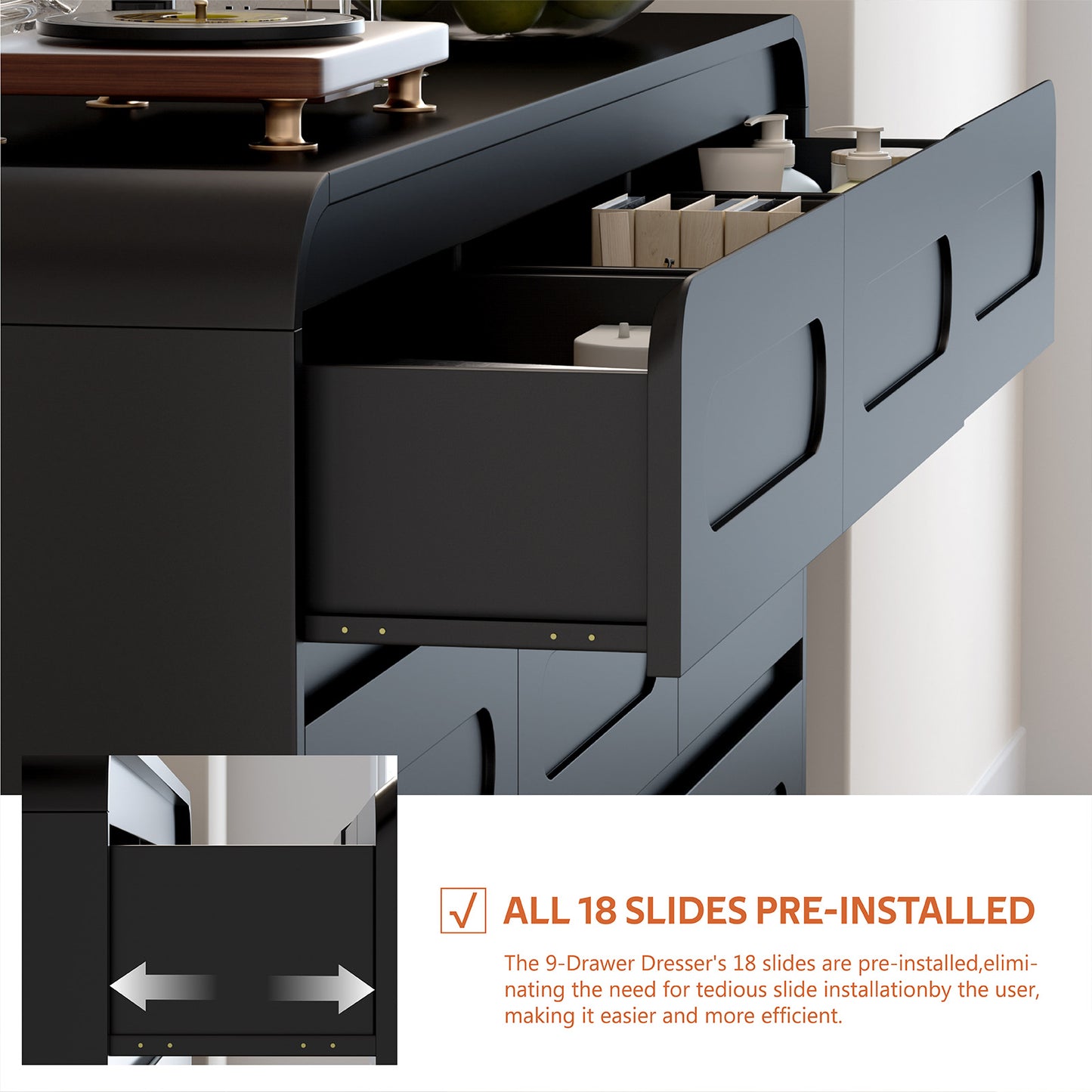 9－Drawers Dresser with Hanging Rack, Modern Wooden Storage Dresser for Bedroom
