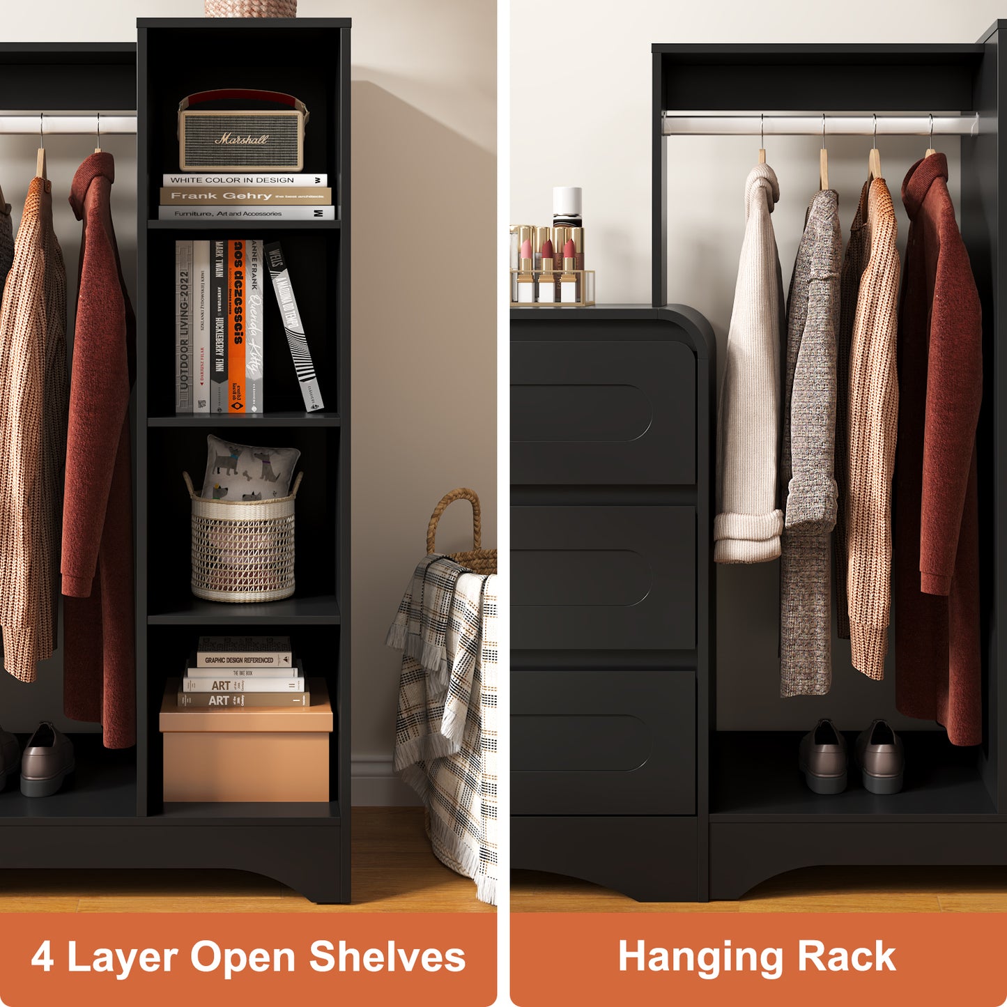 9－Drawers Dresser with Hanging Rack, Modern Wooden Storage Dresser for Bedroom