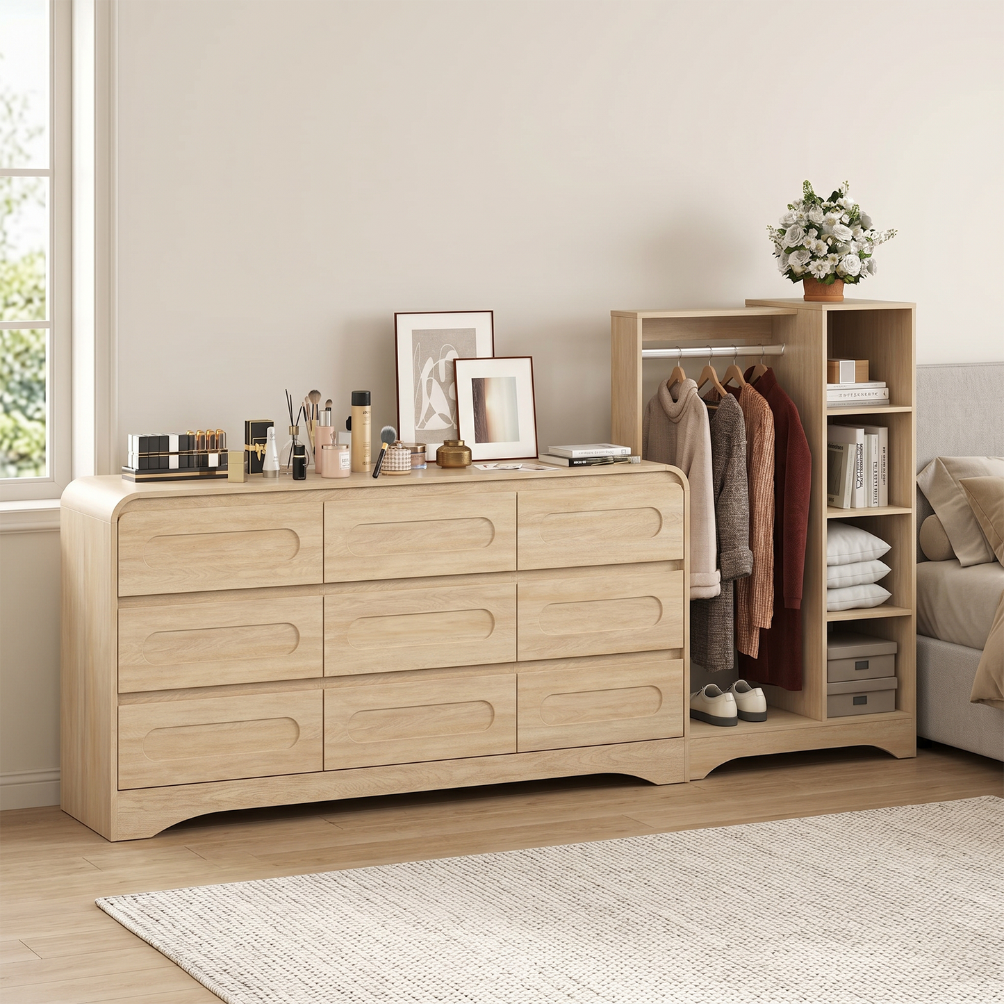 9－Drawers Dresser with Hanging Rack, Modern Wooden Storage Dresser for Bedroom