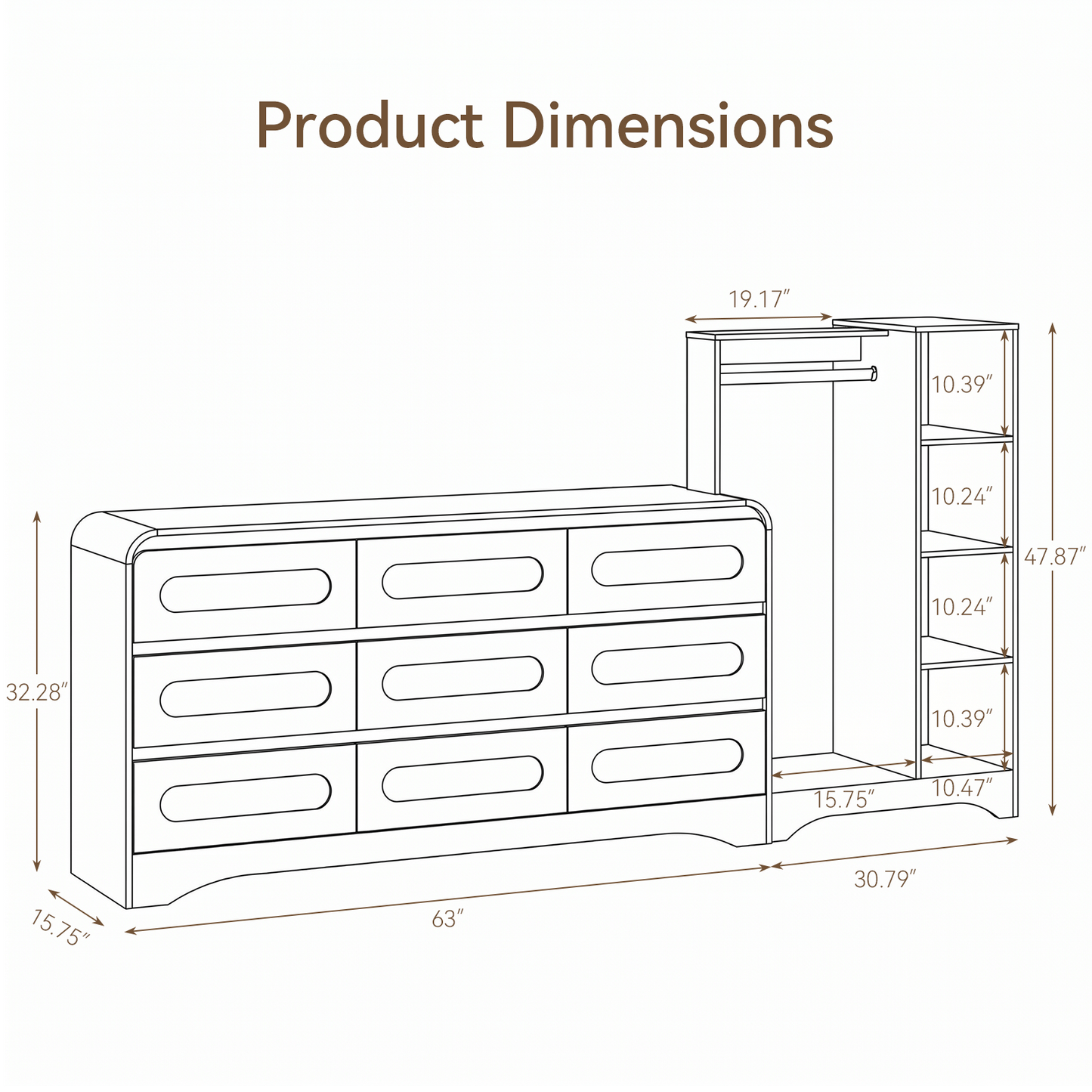 9－Drawers Dresser with Hanging Rack, Modern Wooden Storage Dresser for Bedroom