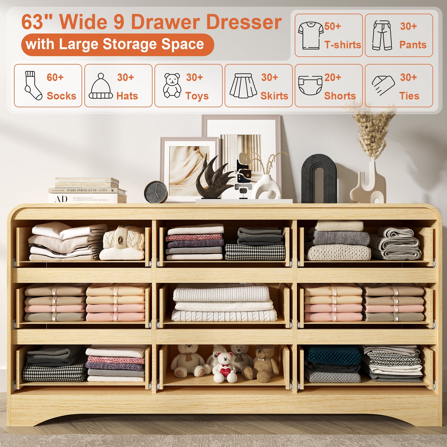 9－Drawers Dresser with Hanging Rack, Modern Wooden Storage Dresser for Bedroom