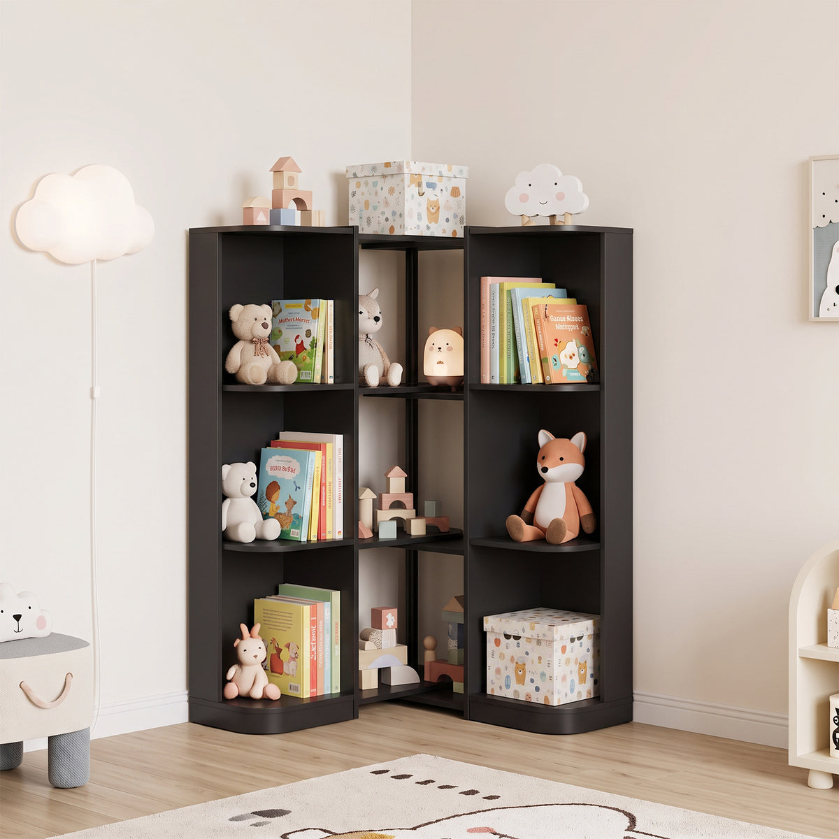 3-Tier Reversible Corner Bookcase, L-Shaped Bookshelf, Storage Shelf for Living Room, Black