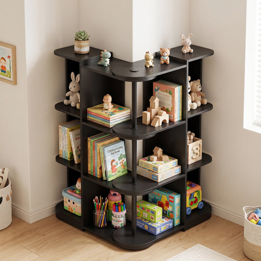3-Tier Reversible Corner Bookcase, L-Shaped Bookshelf, Storage Shelf for Living Room, Black