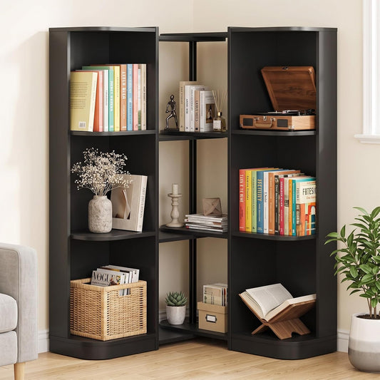 3-Tier Reversible Corner Bookcase, L-Shaped Bookshelf, Storage Shelf for Living Room, Black