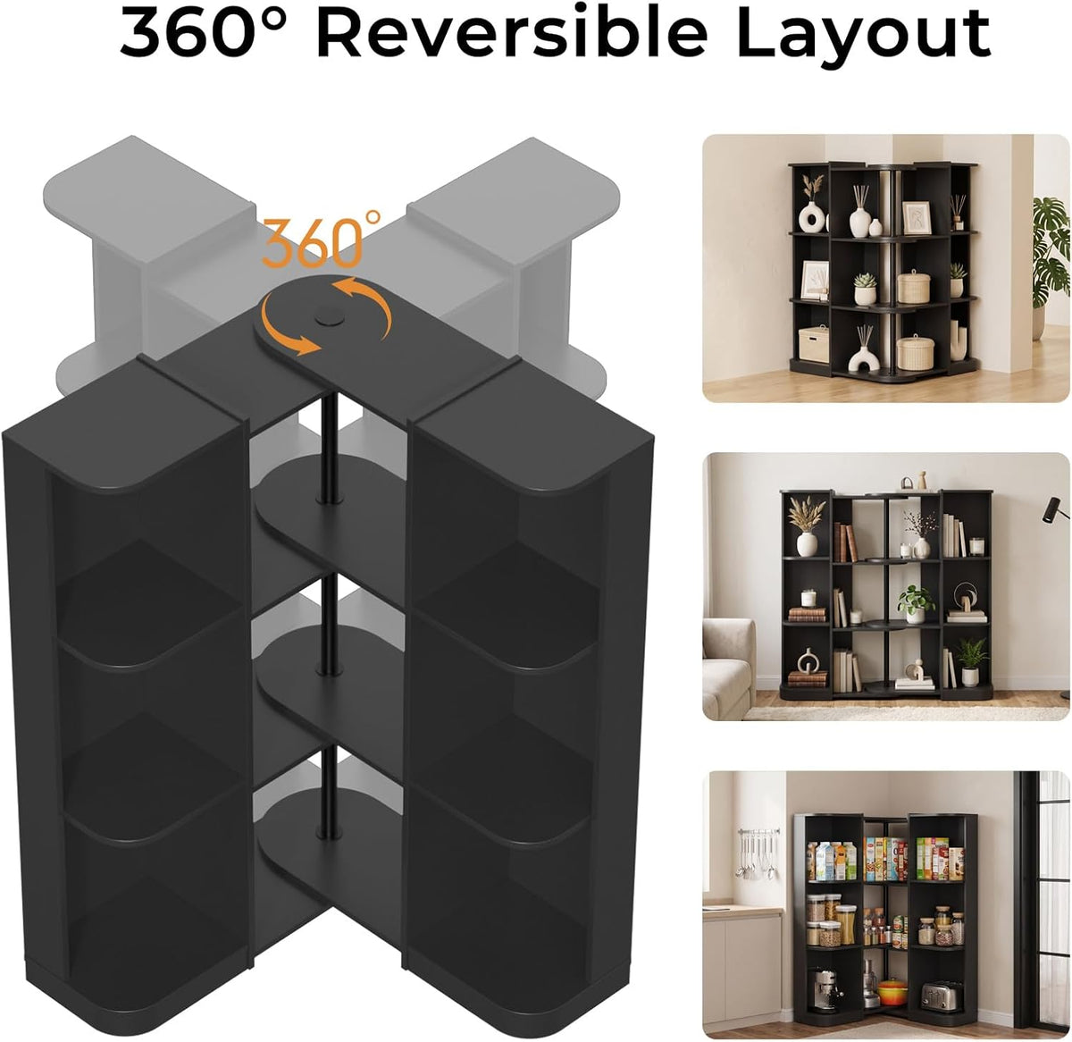 3-Tier Reversible Corner Bookcase, L-Shaped Bookshelf, Storage Shelf for Living Room, Black