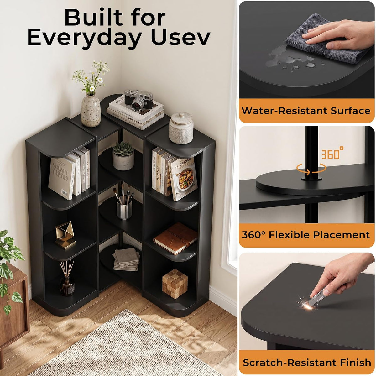 3-Tier Reversible Corner Bookcase, L-Shaped Bookshelf, Storage Shelf for Living Room, Black