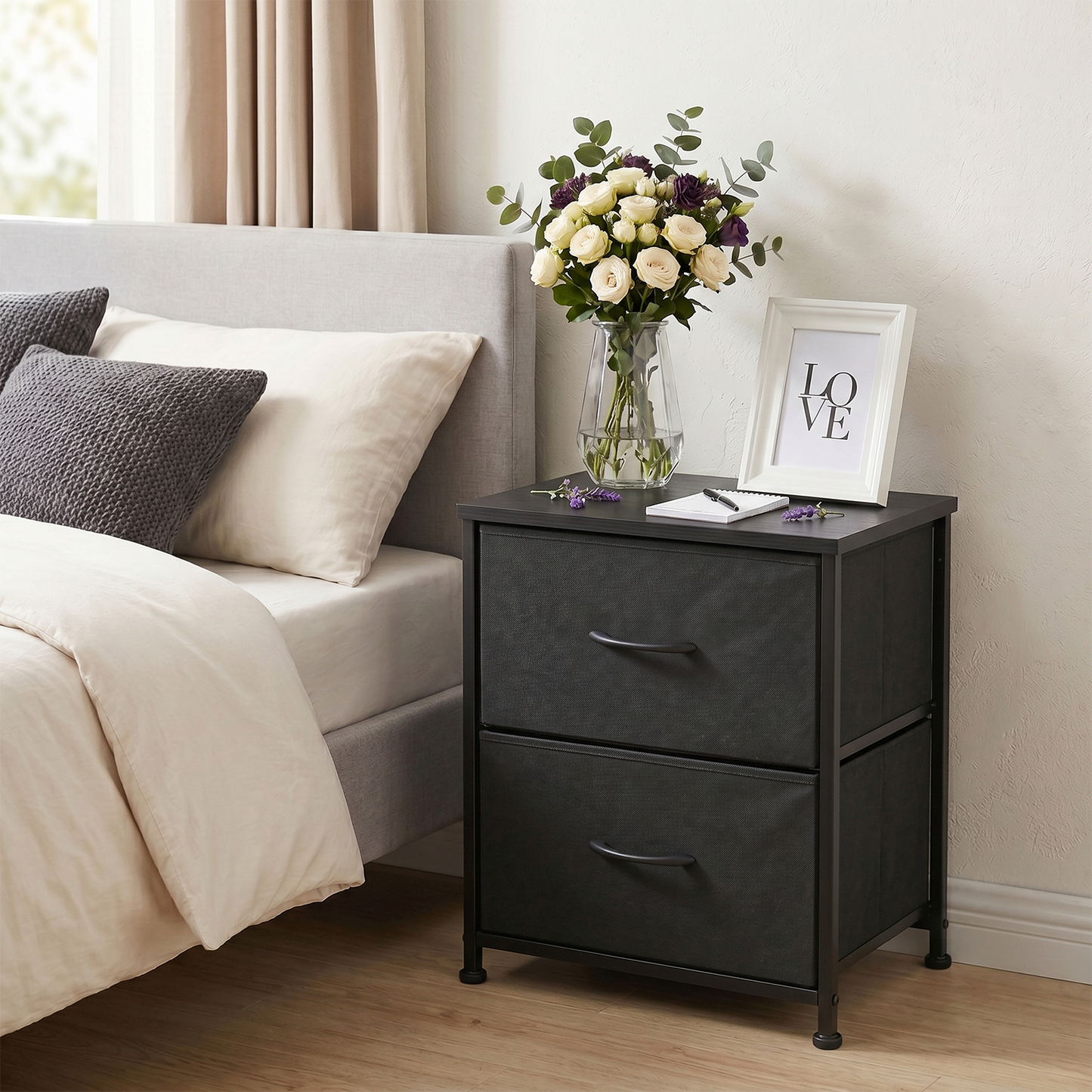 SOLACE FURNITURE Morden Nightstand with 2 Fabric Drawers,Bedside Table & End Table with Wooden Top
