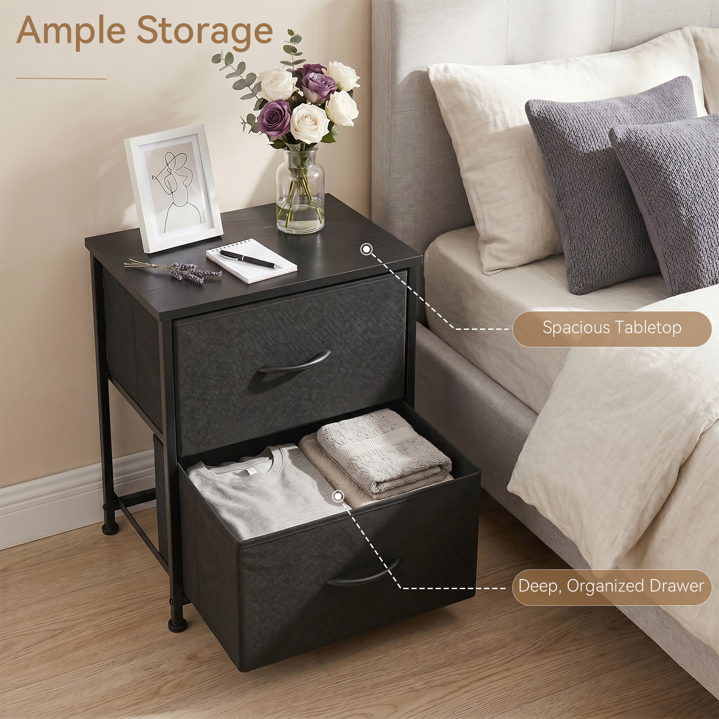 SOLACE FURNITURE Morden Nightstand with 2 Fabric Drawers,Bedside Table & End Table with Wooden Top
