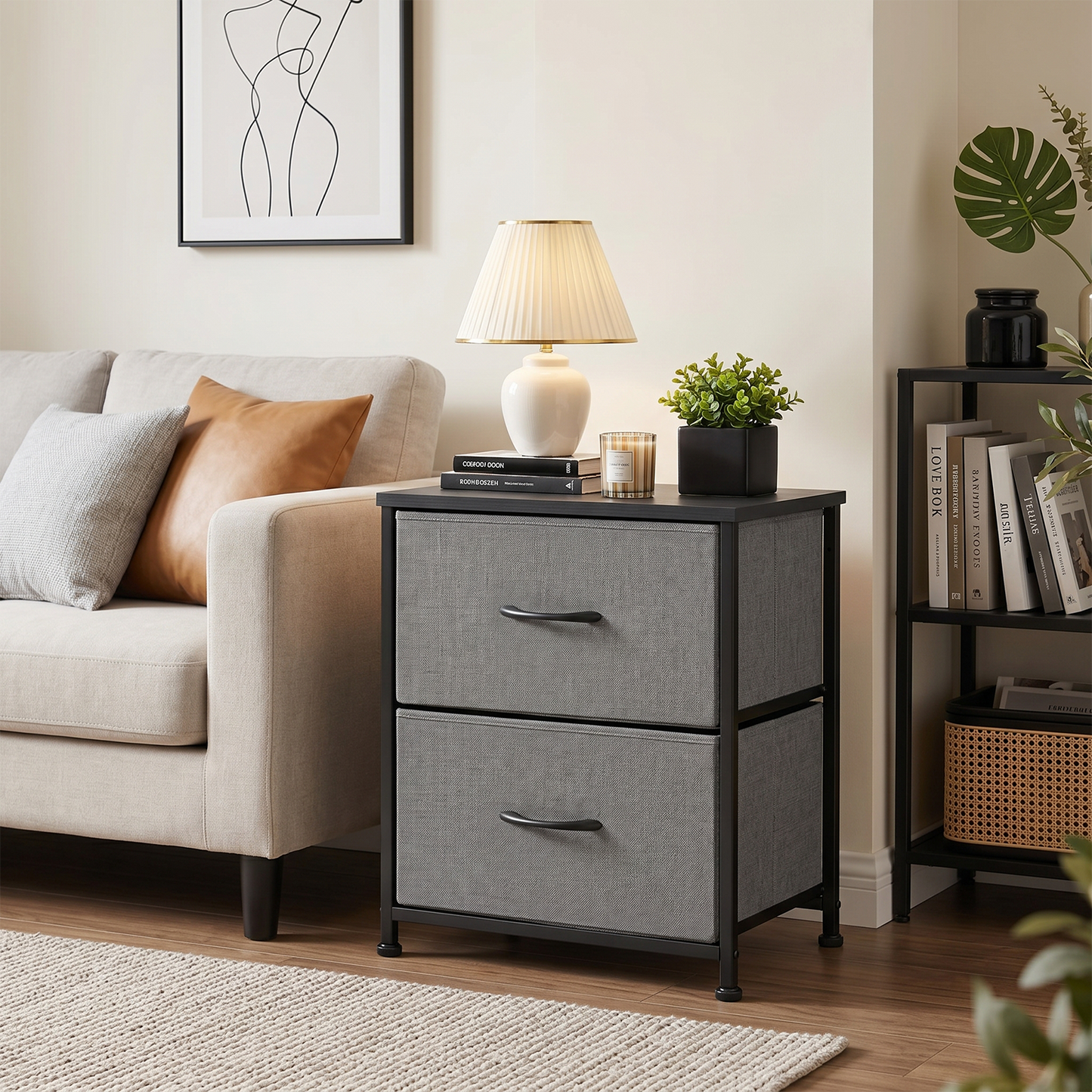 SOLACE FURNITURE Morden Nightstand with 2 Fabric Drawers,Bedside Table & End Table with Wooden Top