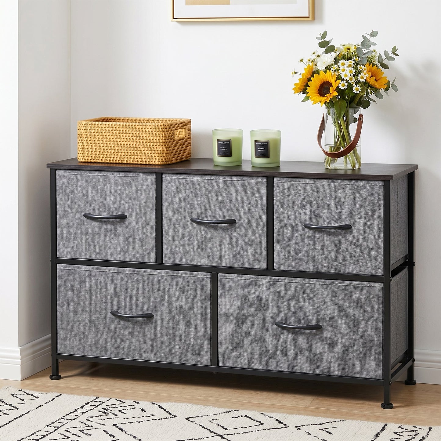 SOLACE FURNITURE Modern Dresser with 5 Fabric Drawers,TV Stand for 45" TV with Wooden Top for Bedroom,Living Room