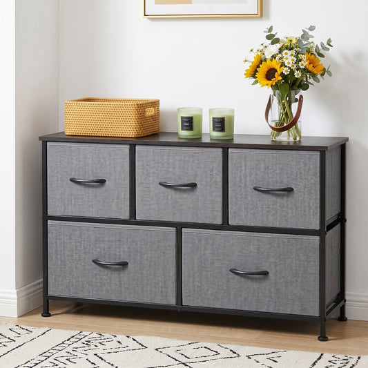 SOLACE FURNITURE Modern Dresser with 5 Fabric Drawers,TV Stand for 45" TV with Wooden Top for Bedroom,Living Room