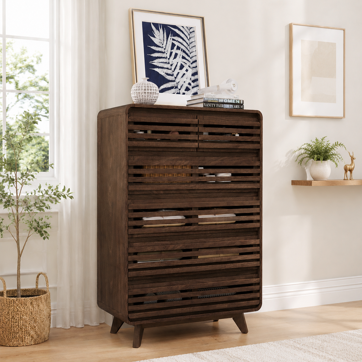SOLACE FURNITURE Tall Dresser with 6 Drawers, Chests of Drawers with Grille & Curved Design