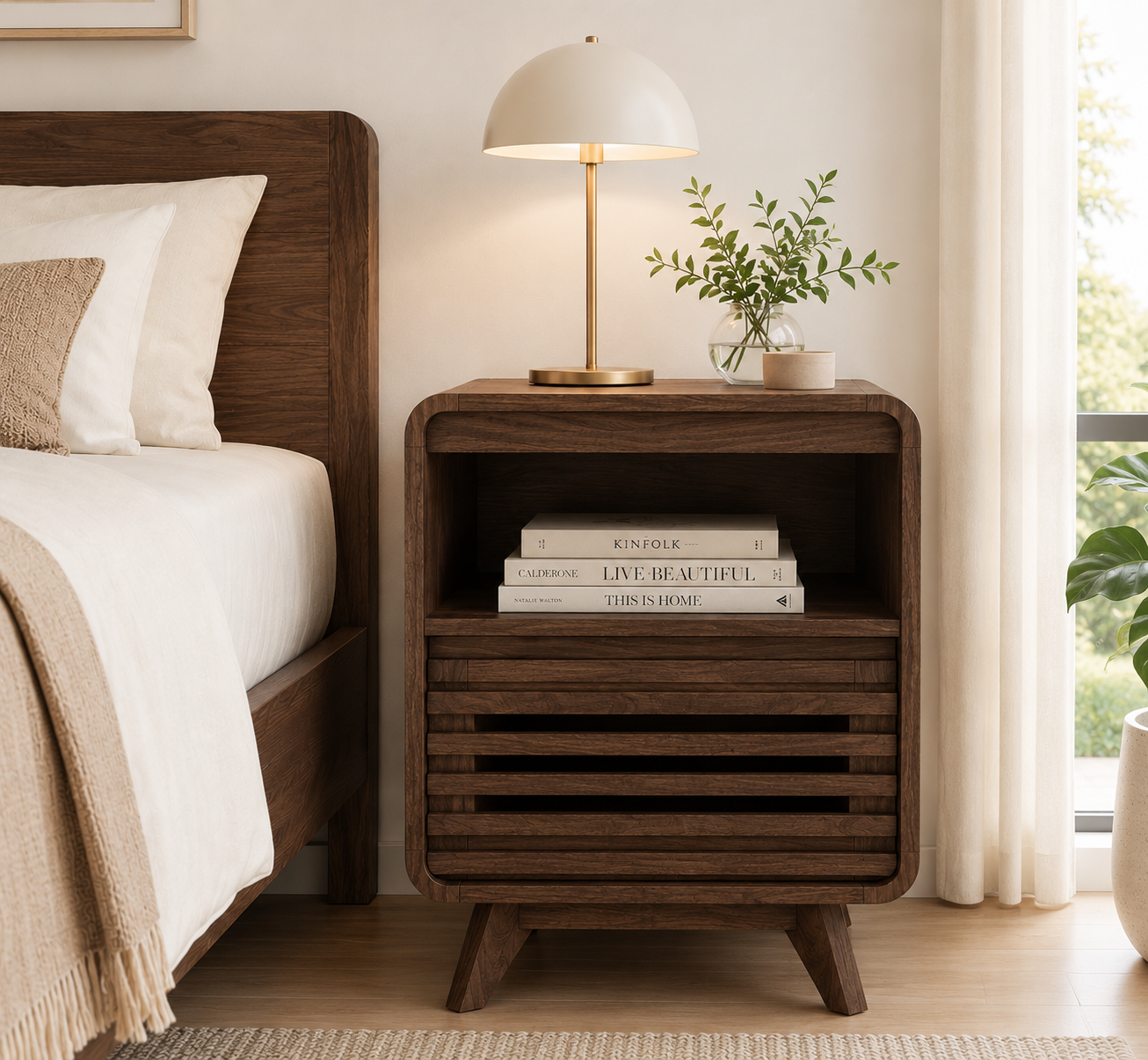 SOLACE FURNITURE Nightstand with Drawer Storage, Grille Bed Side Table