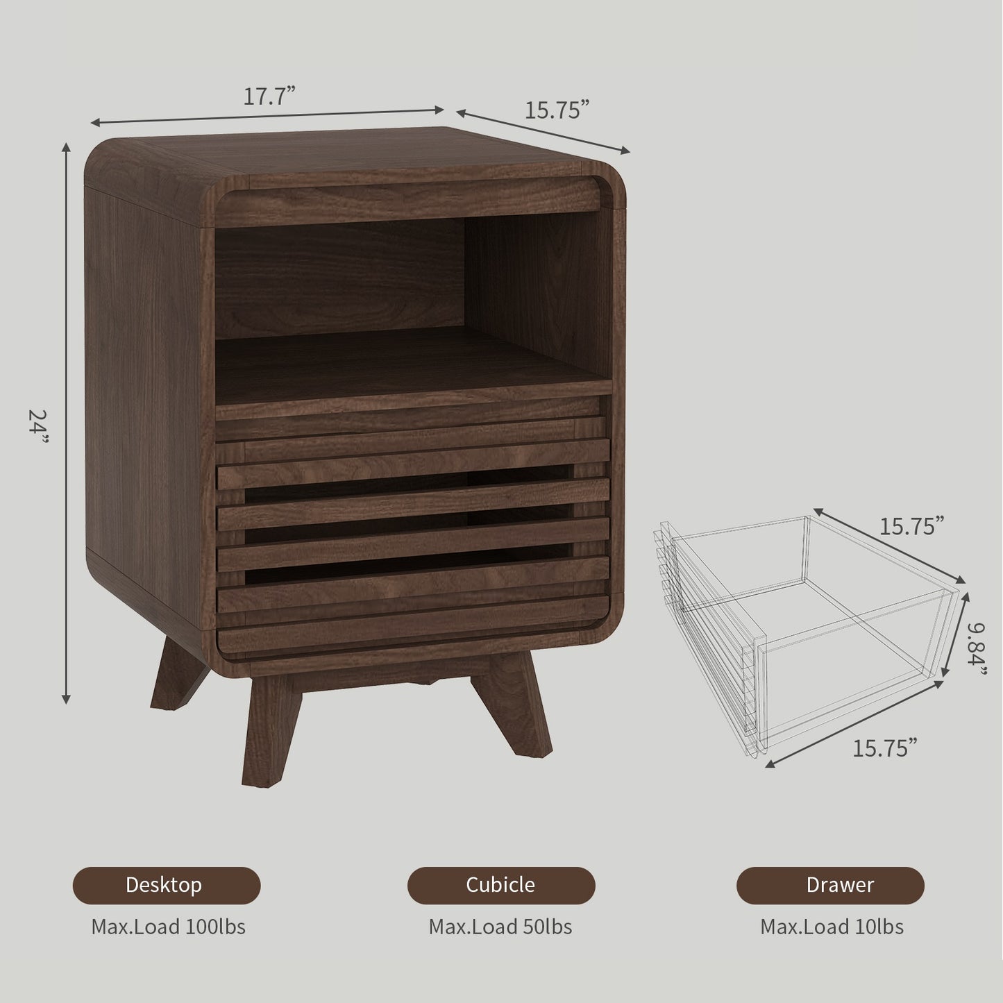 SOLACE FURNITURE Nightstand with Drawer Storage, Grille Bed Side Table