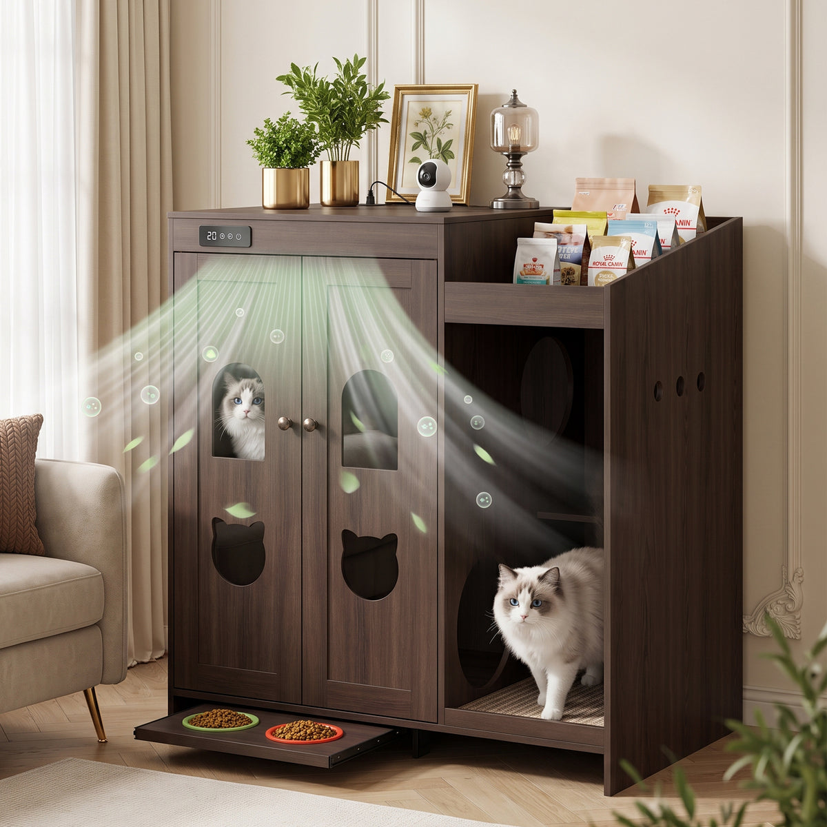 Large Cat Litter Box Enclosure Cabinet With Storage Space,Built-in Cat Odor Eliminator for Litter Box