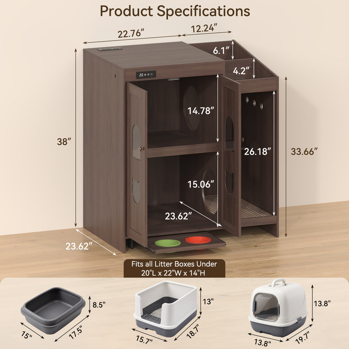 Large Cat Litter Box Enclosure Cabinet With Storage Space,Built-in Cat Odor Eliminator for Litter Box