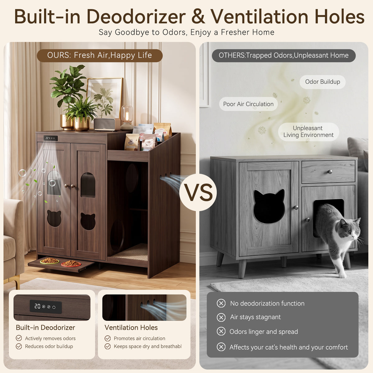 Large Cat Litter Box Enclosure Cabinet With Storage Space,Built-in Cat Odor Eliminator for Litter Box