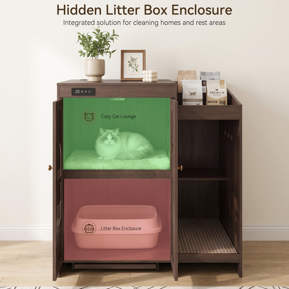 Large Cat Litter Box Enclosure Cabinet With Storage Space,Built-in Cat Odor Eliminator for Litter Box