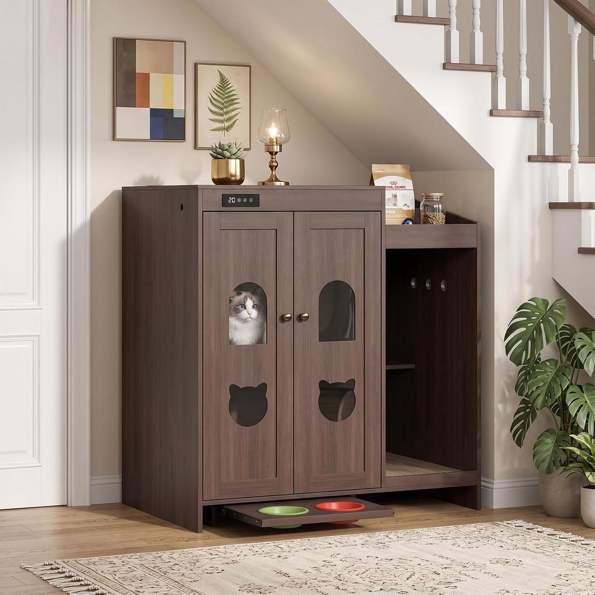 Large Cat Litter Box Enclosure Cabinet With Storage Space,Built-in Cat Odor Eliminator for Litter Box