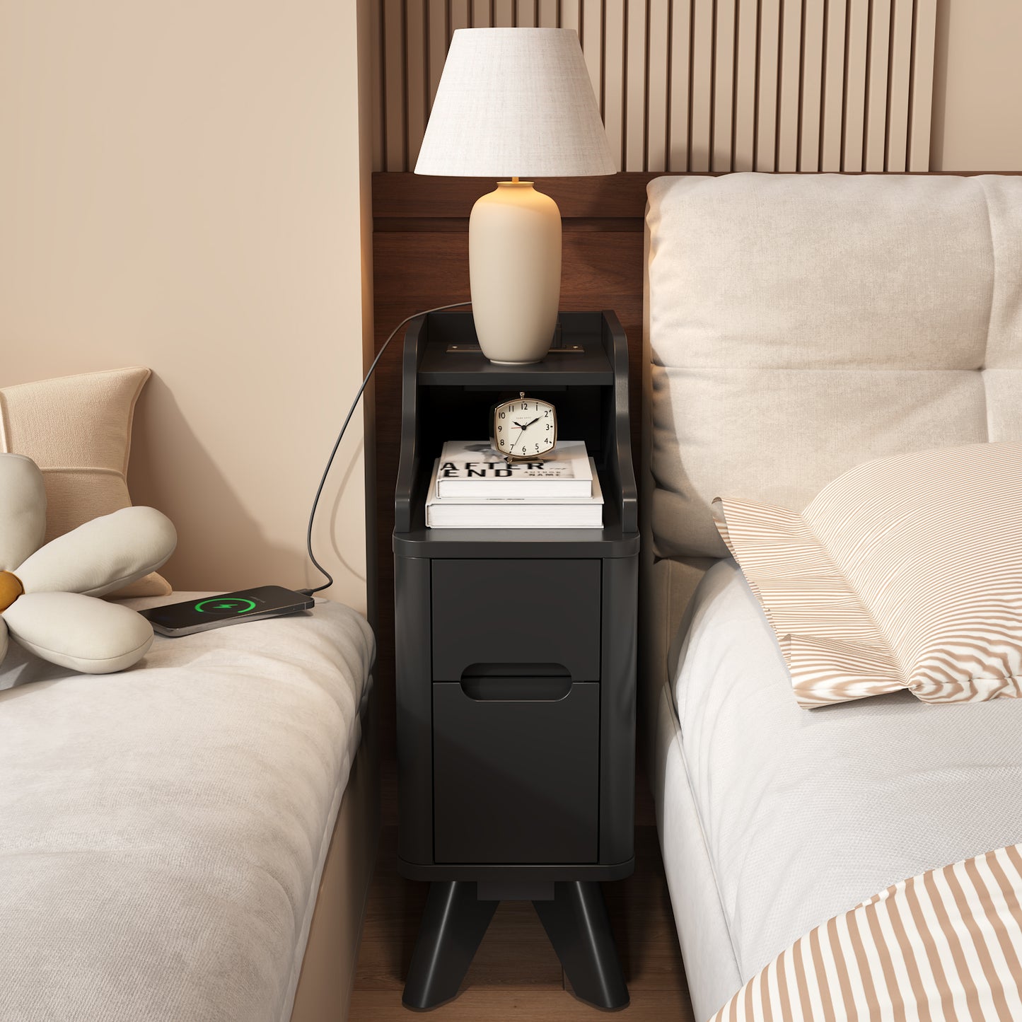 Wooden Small 2 Drawer Nightstand, Side Table with Charger Station for Bedroom Living Room