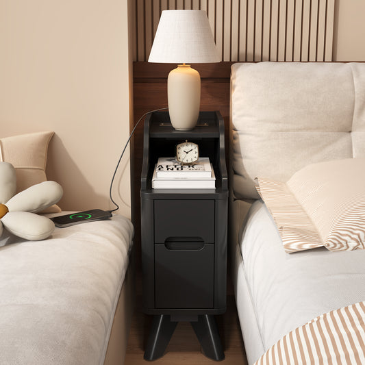 Wooden Small 2 Drawer Nightstand, Side Table with Charger Station for Bedroom Living Room