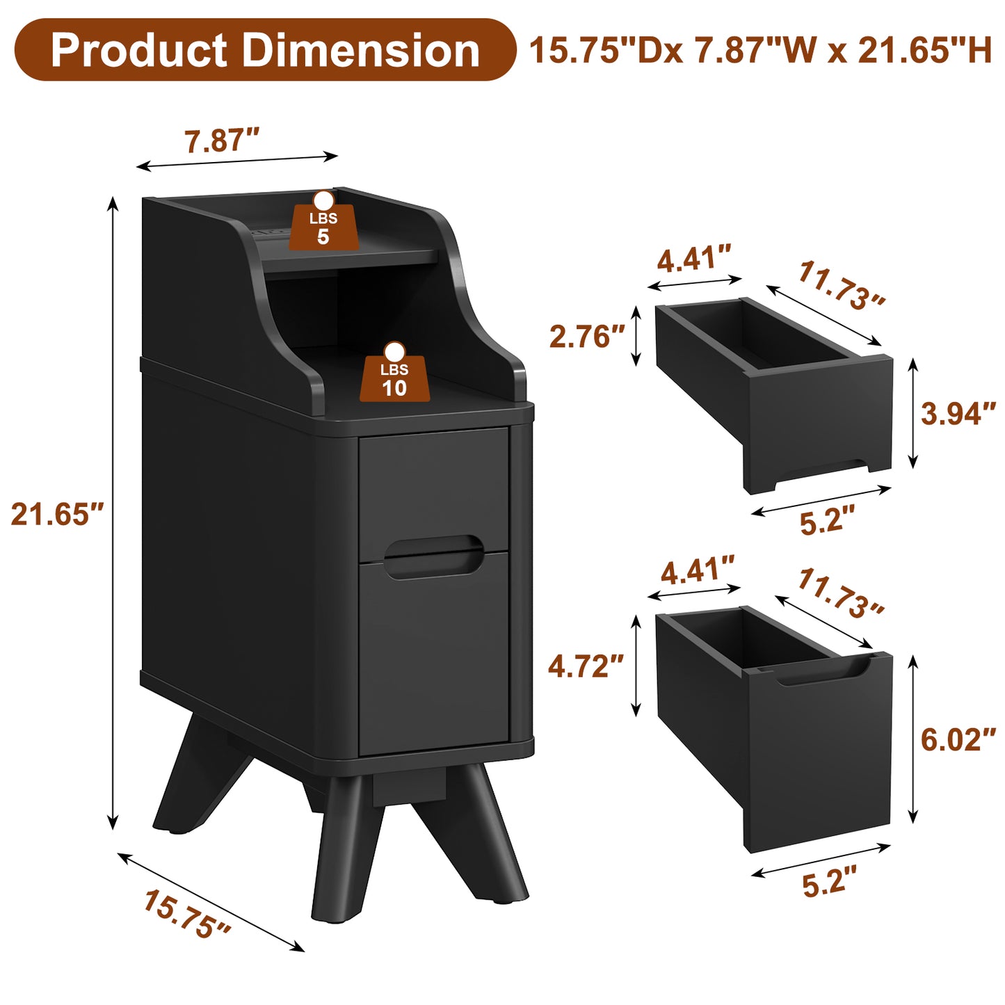 Wooden Small 2 Drawer Nightstand, Side Table with Charger Station for Bedroom Living Room