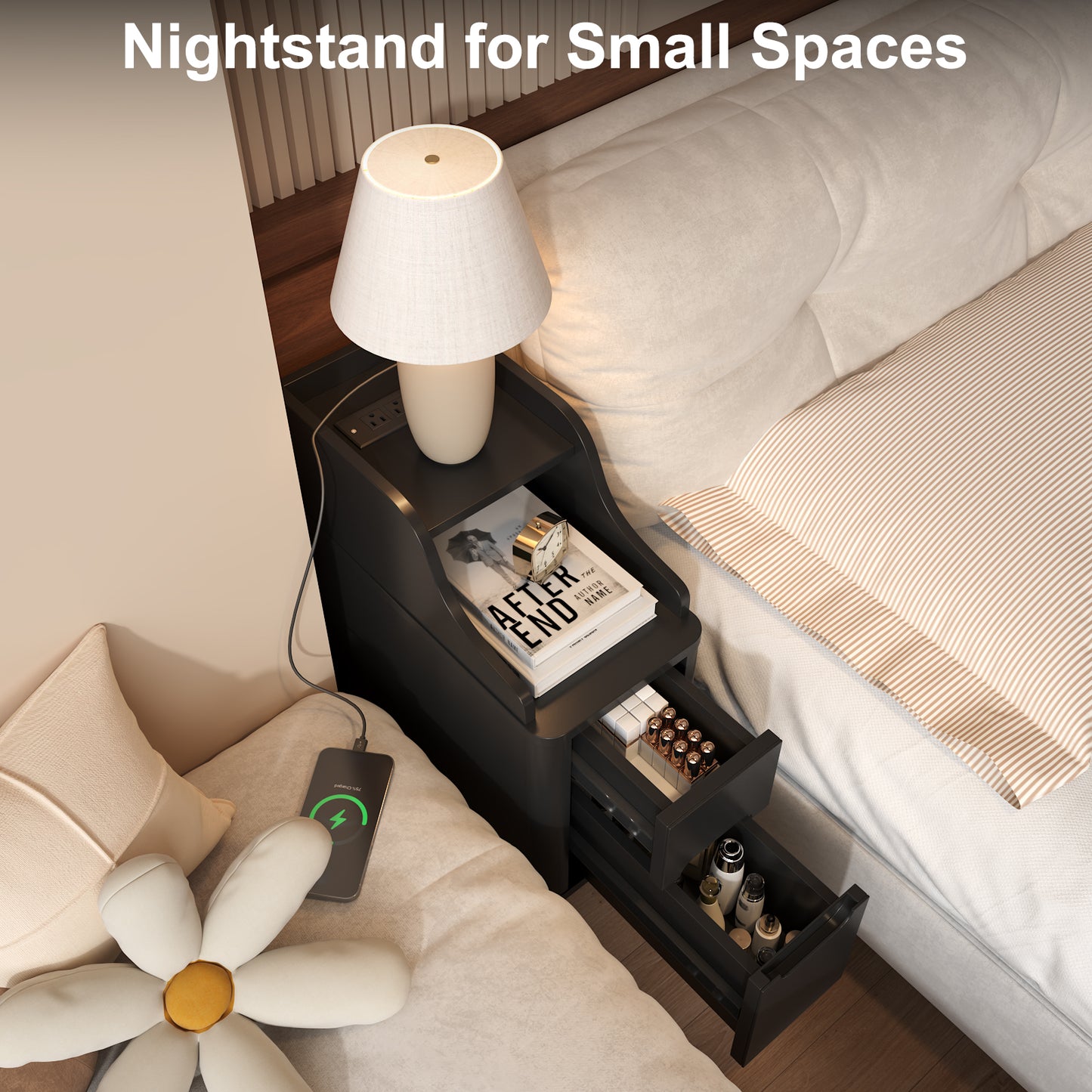 Wooden Small 2 Drawer Nightstand, Side Table with Charger Station for Bedroom Living Room