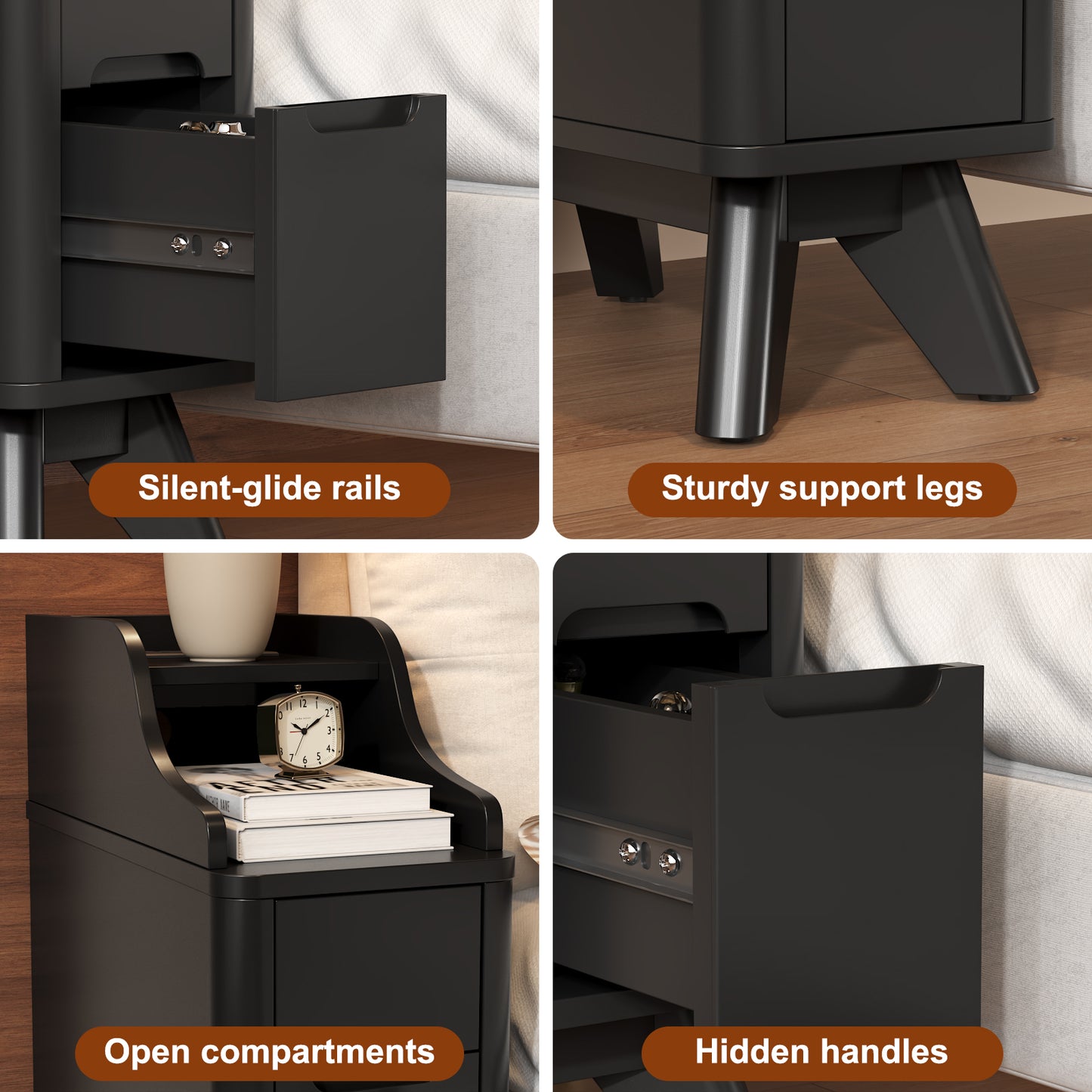 Wooden Small 2 Drawer Nightstand, Side Table with Charger Station for Bedroom Living Room
