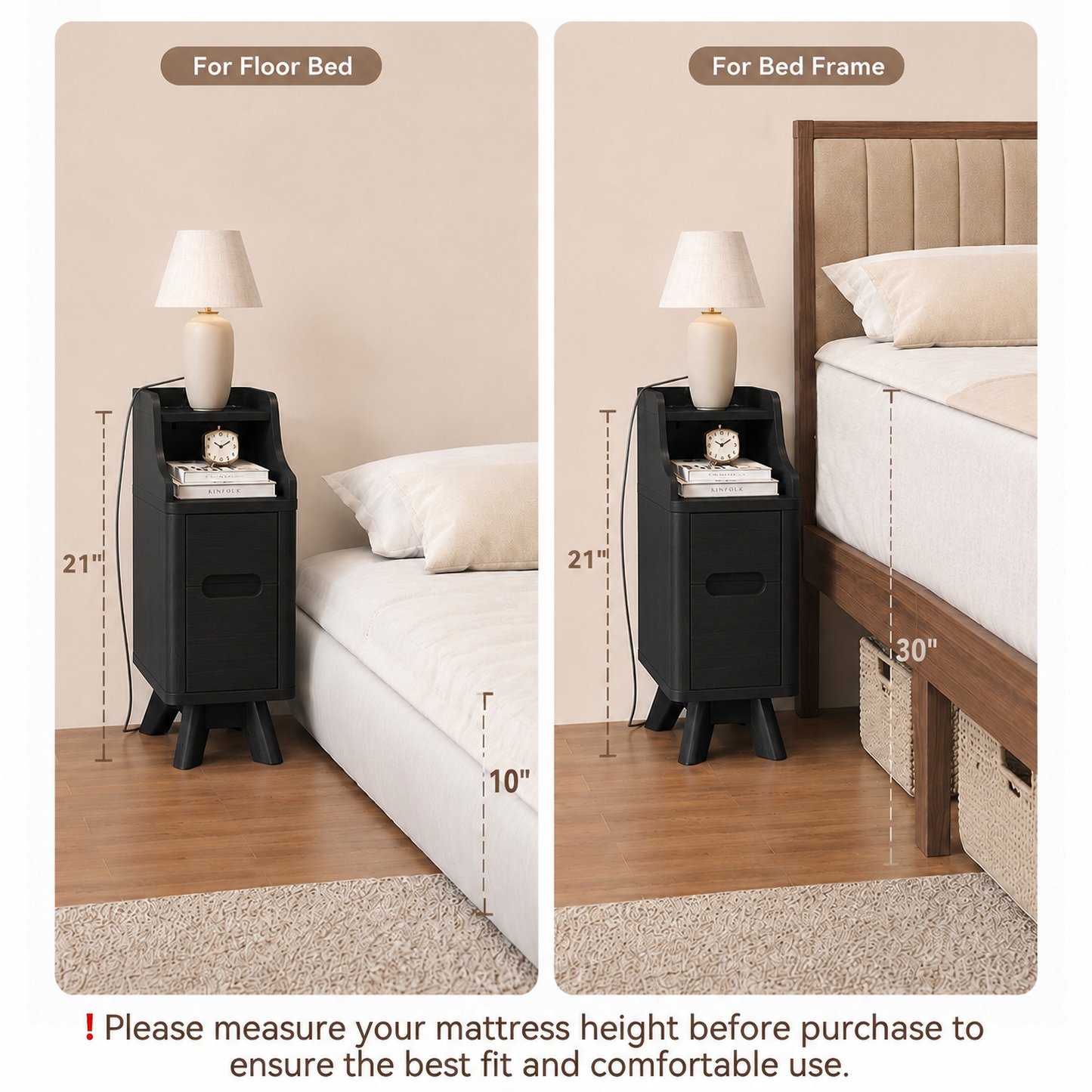 Wooden Small 2 Drawer Nightstand, Side Table with Charger Station for Bedroom Living Room