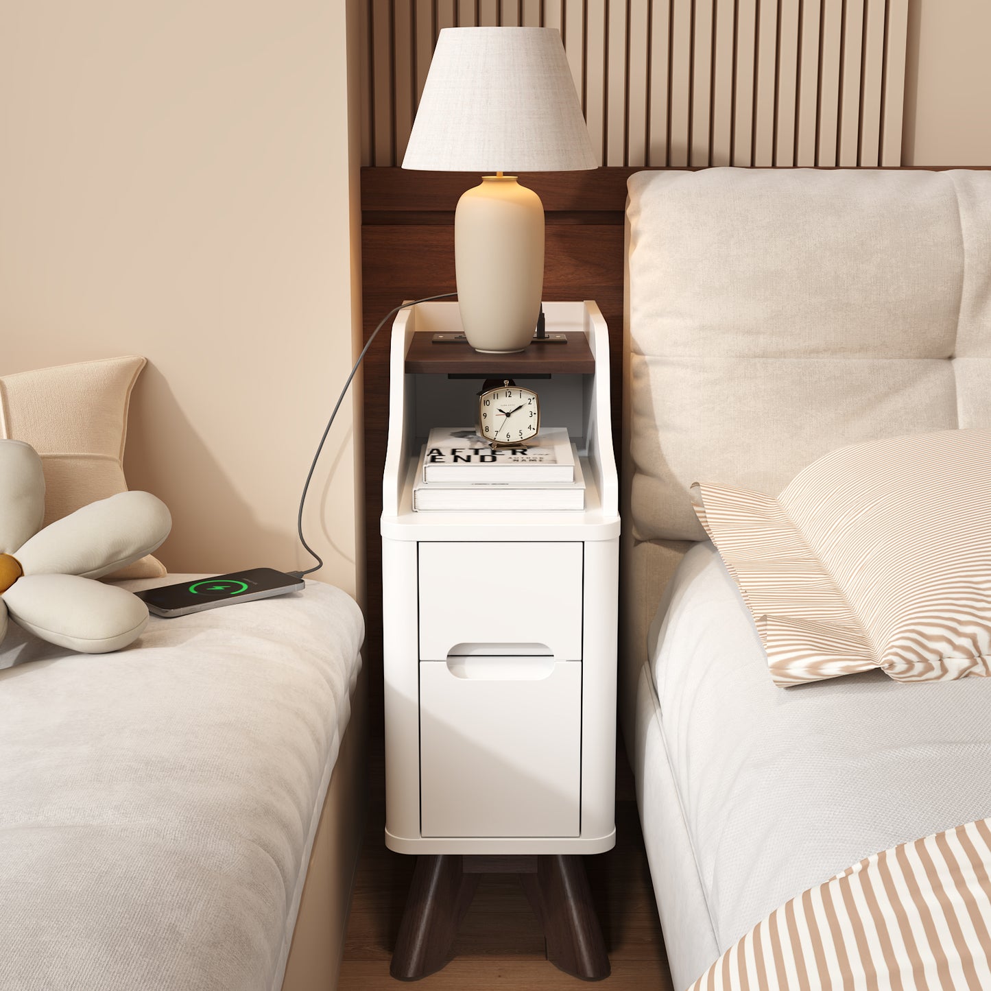 Wooden Small 2 Drawer Nightstand, Side Table with Charger Station for Bedroom Living Room