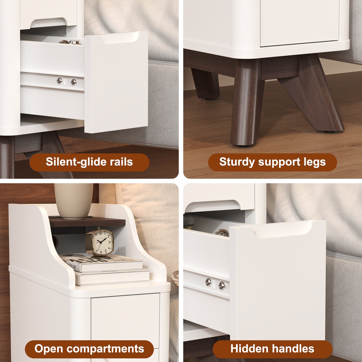 Wooden Small 2 Drawer Nightstand, Side Table with Charger Station for Bedroom Living Room