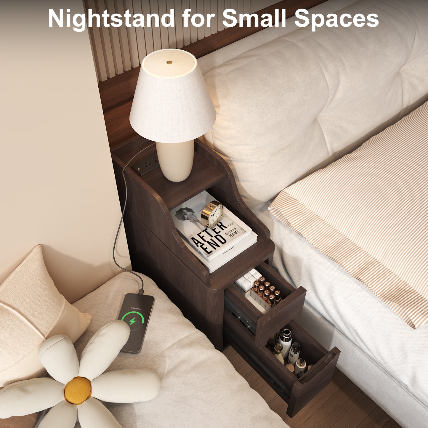 Wooden Small 2 Drawer Nightstand, Side Table with Charger Station for Bedroom Living Room
