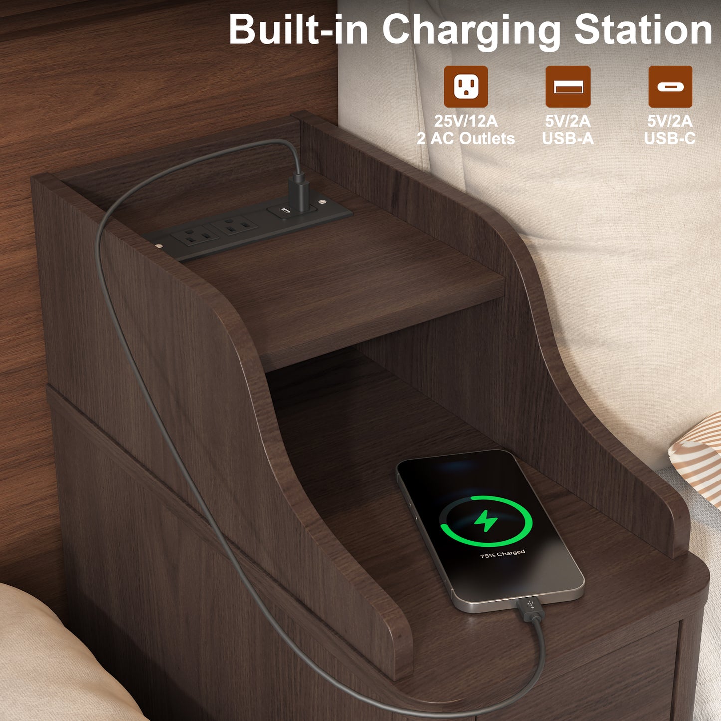 Wooden Small 2 Drawer Nightstand, Side Table with Charger Station for Bedroom Living Room