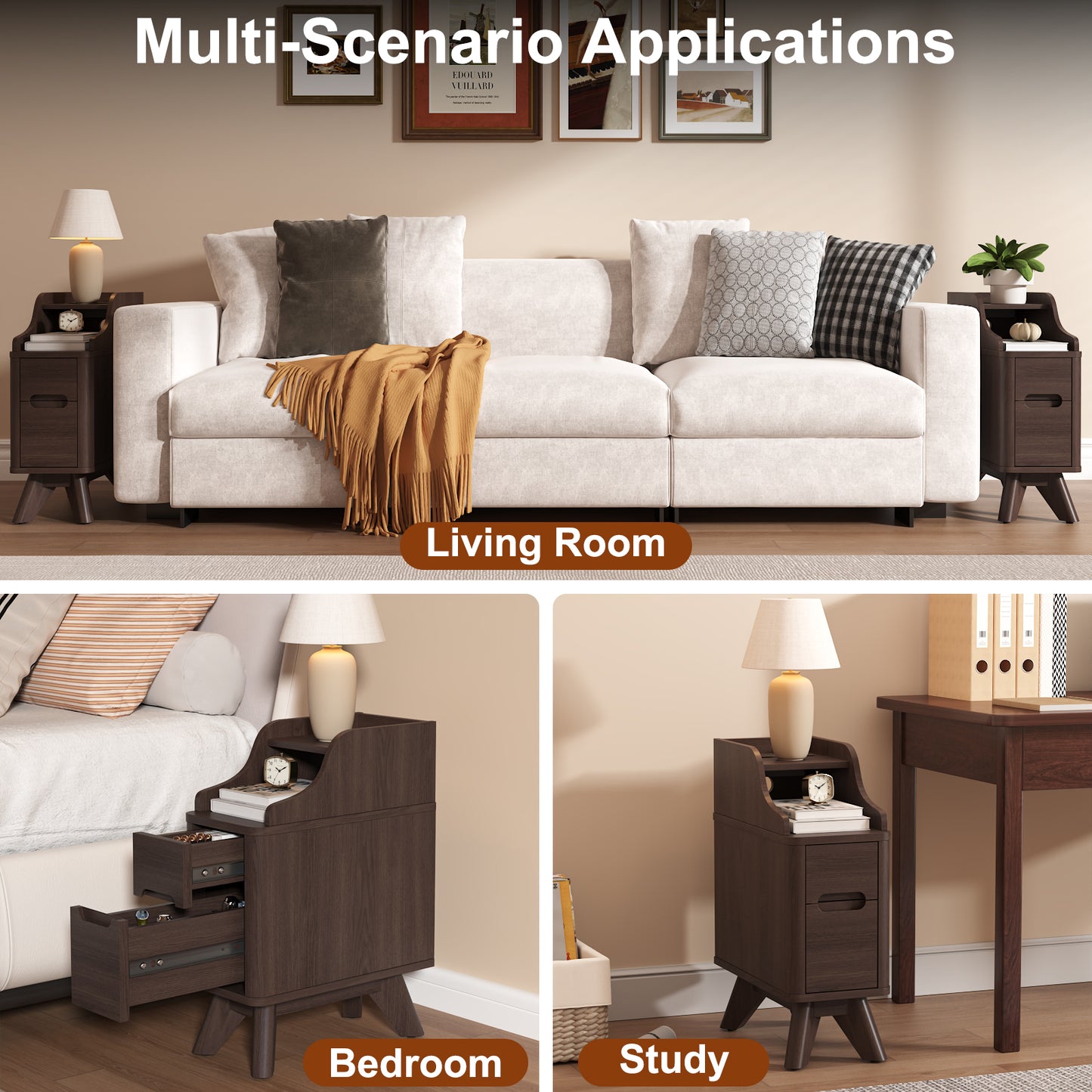 Wooden Small 2 Drawer Nightstand, Side Table with Charger Station for Bedroom Living Room